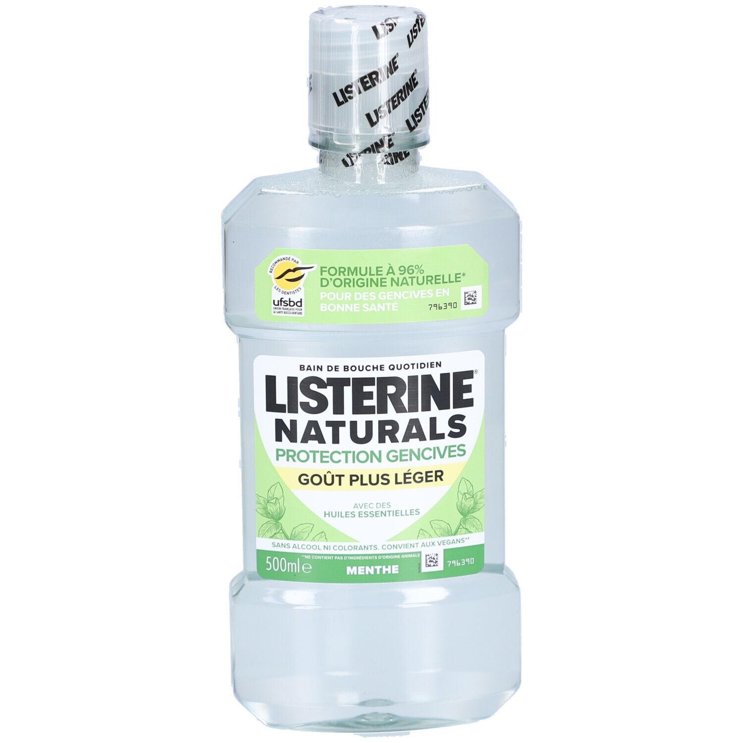 Klare Flasche Listerine Naturals Protection Gencives mit grünem Etikett. Aufschrift: Schutz des Zahnfleisches, Minze.