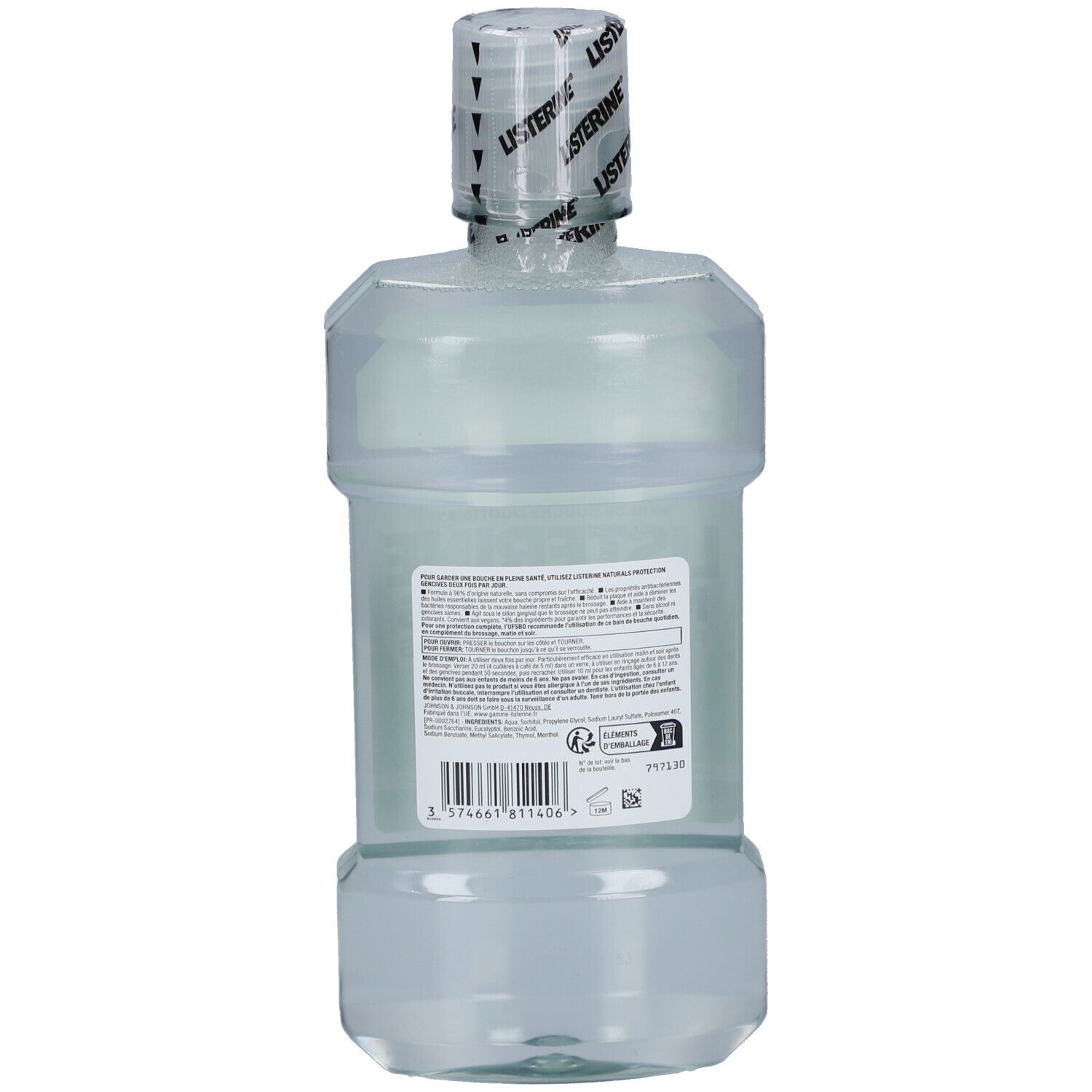 Rückansicht der Listerine Naturals Protection Gencives Flasche. Etikett mit Text und Barcode.