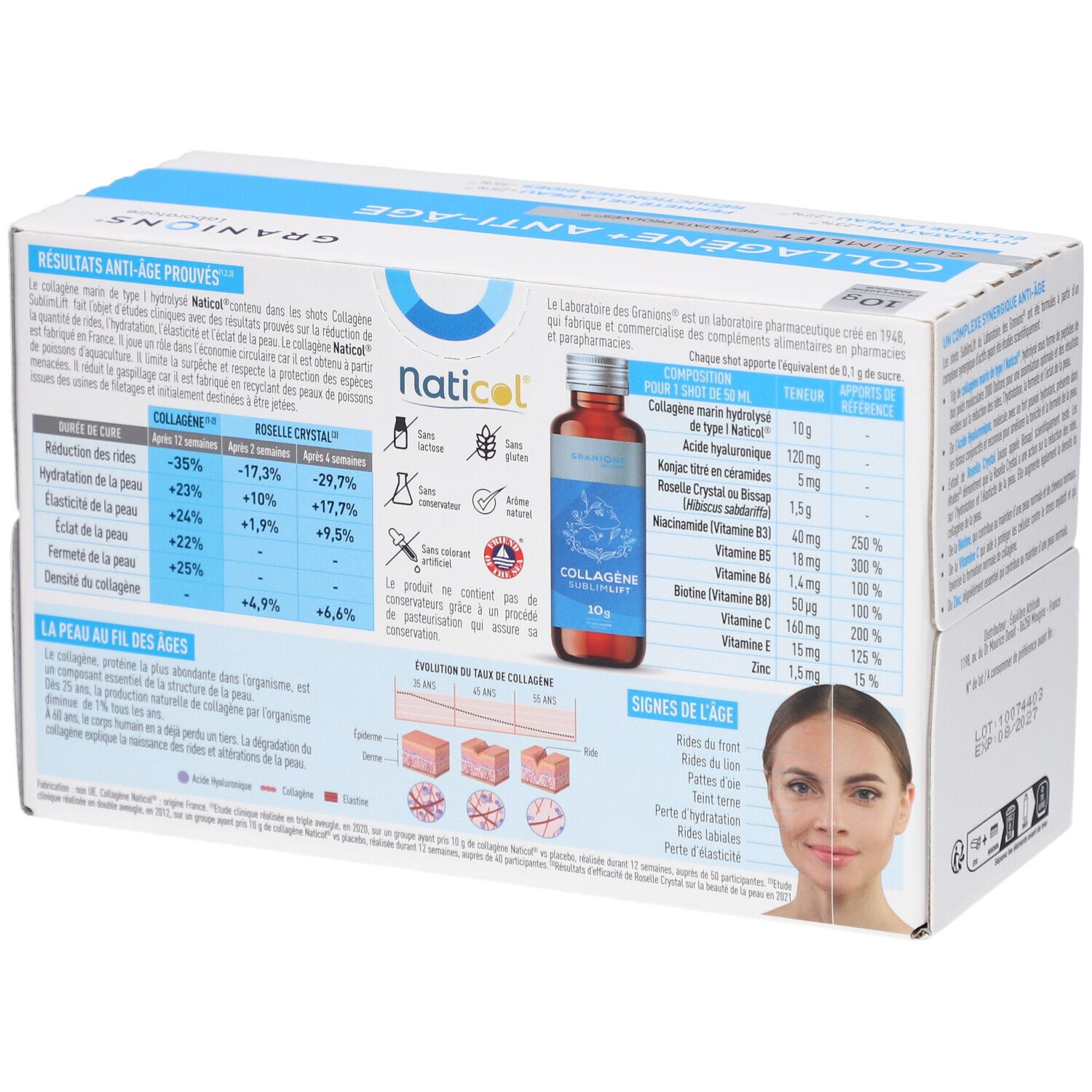 Karton mit Text und Flasche. GRANIONS Collagène+ Anti-Âge. Inhaltsstoffe, Ergebnisse, und Informationen. Gesicht.
