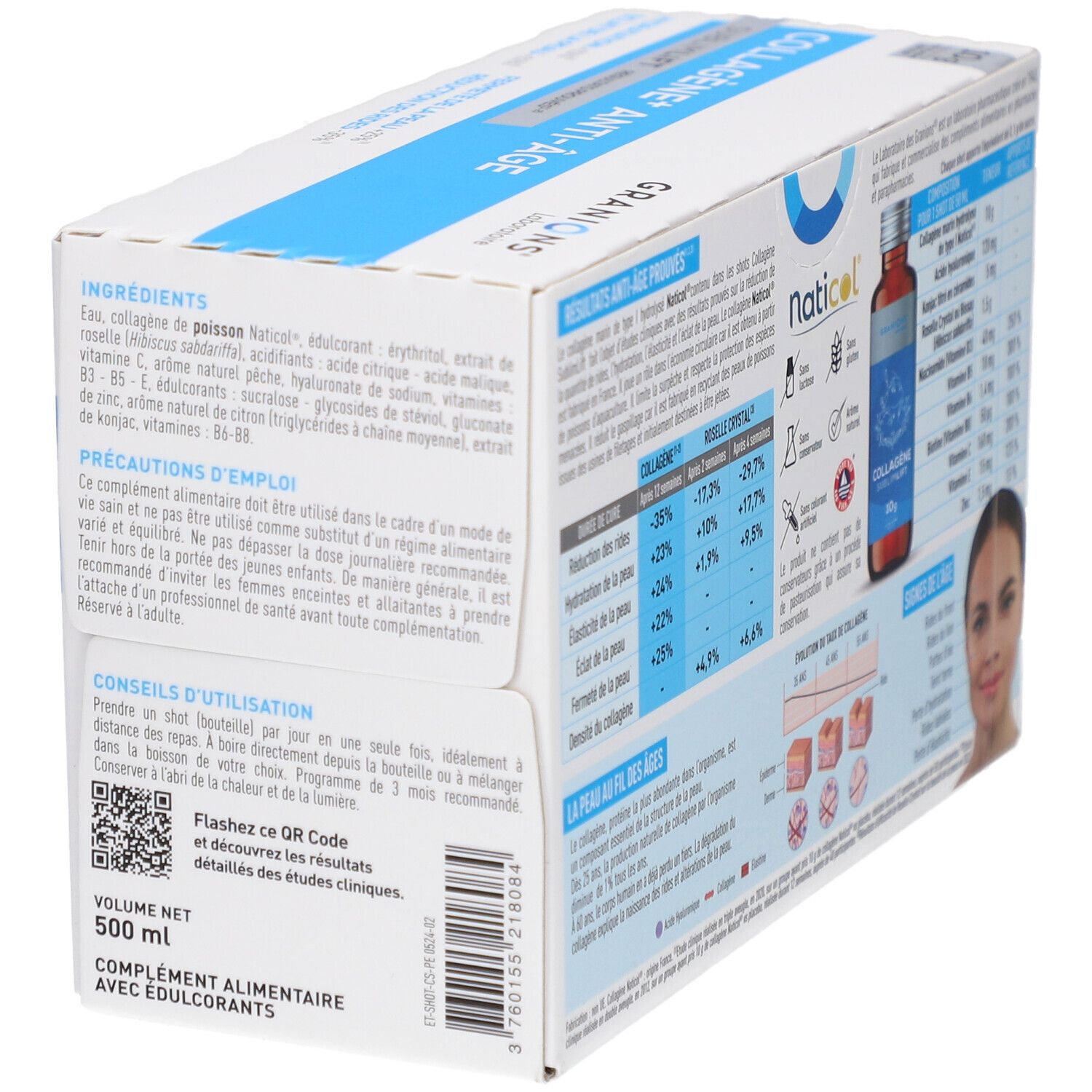 Karton mit Text und QR-Code. GRANIONS Collagène+ Anti-Âge. Inhaltsstoffe, Ergebnisse, und Informationen. 500 ml.