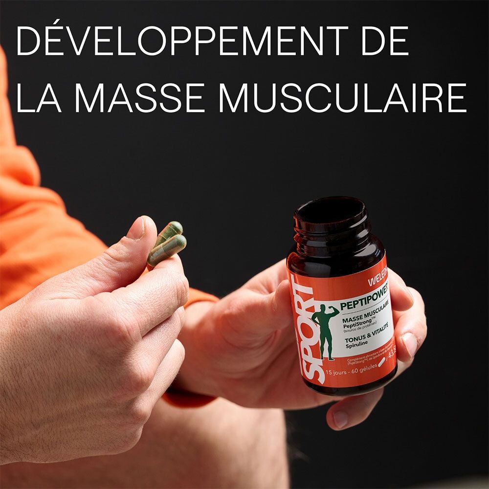 Hände halten Kapseln und eine Flasche WELEDA PEPTIPOWER. Aufschrift: Masse musculaire. Schwarzer Hintergrund.