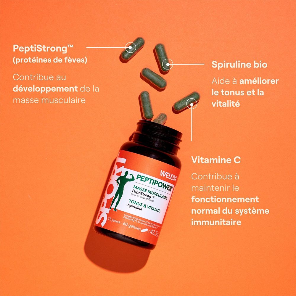 Flasche WELEDA PEPTIPOWER und Kapseln. Beschriftung: PeptiStrong, Spirulina, Vitamin C. Orangefarbener Hintergrund.