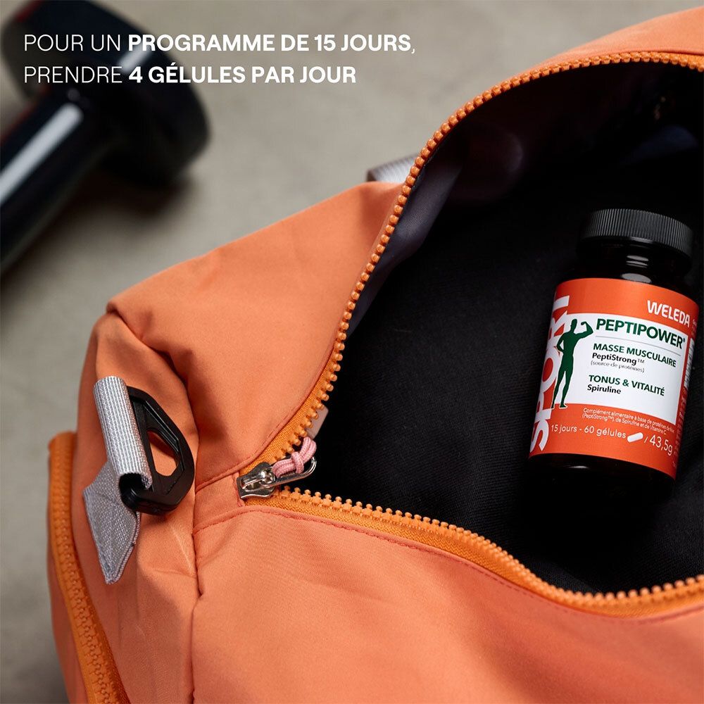 Flasche WELEDA PEPTIPOWER in einer Sporttasche. Aufschrift: Masse musculaire. Orangefarbene Tasche.