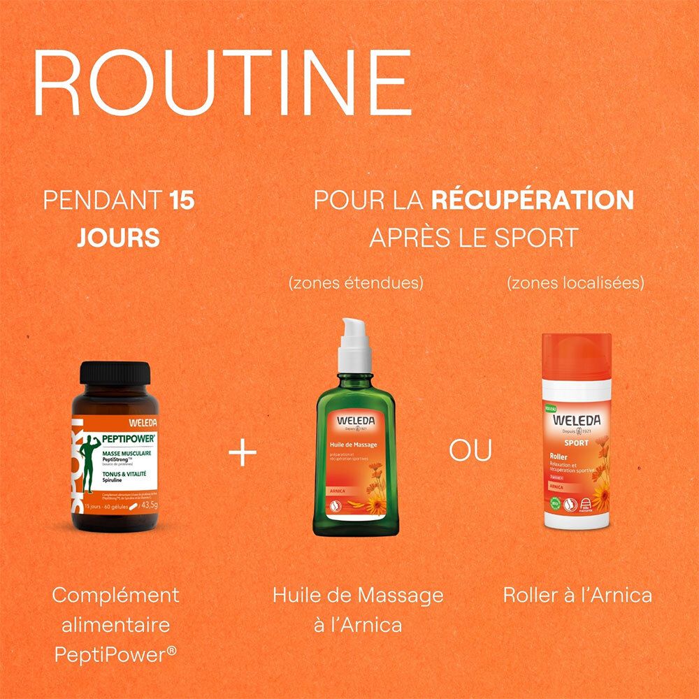 WELEDA PEPTIPOWER, Massageöl und Roller. Beschriftung: Nahrungsergänzungsmittel, Massageöl, Roller.