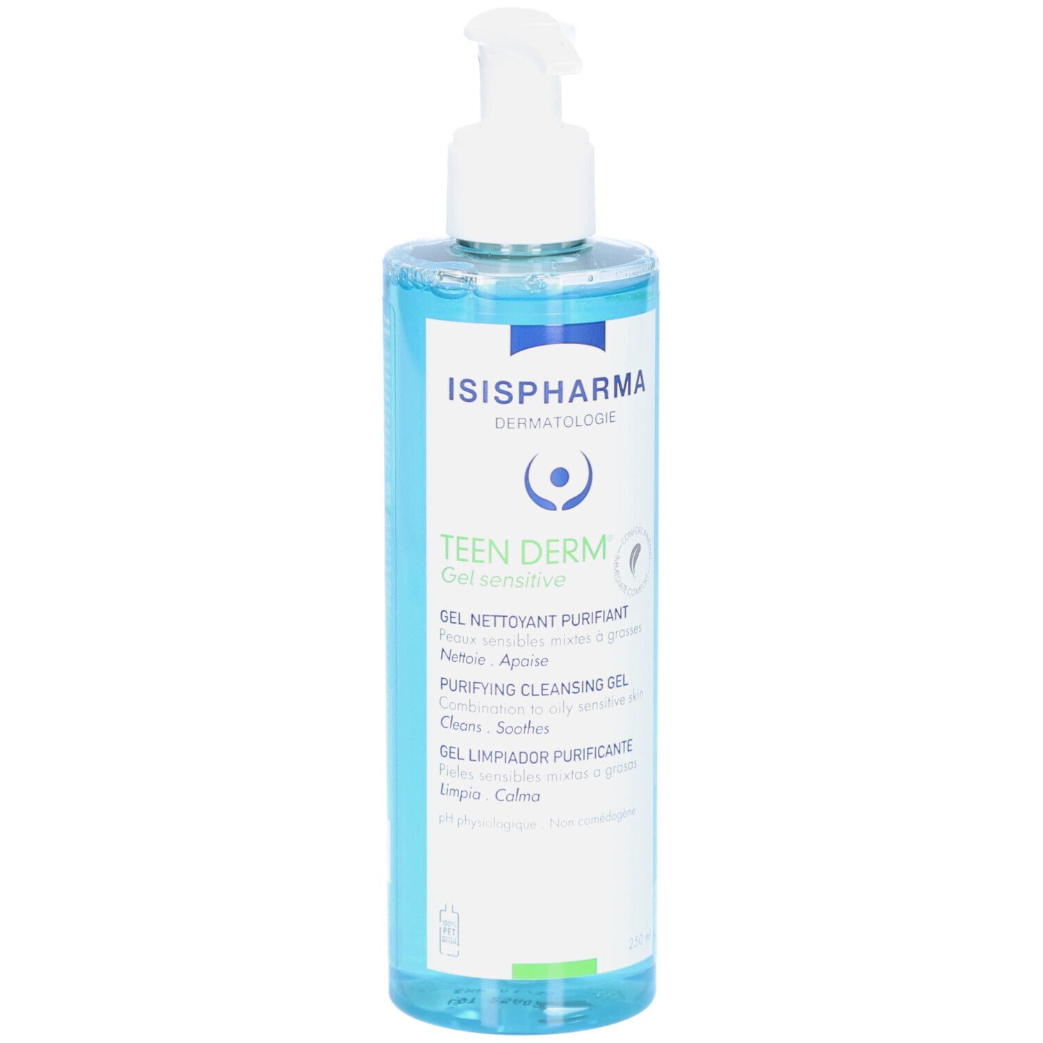 Flacon bleu transparent avec pompe blanche. Inscriptions: ISISPHARMA, Teen Derm Gel sensitive. Texte en français, anglais et espagnol.