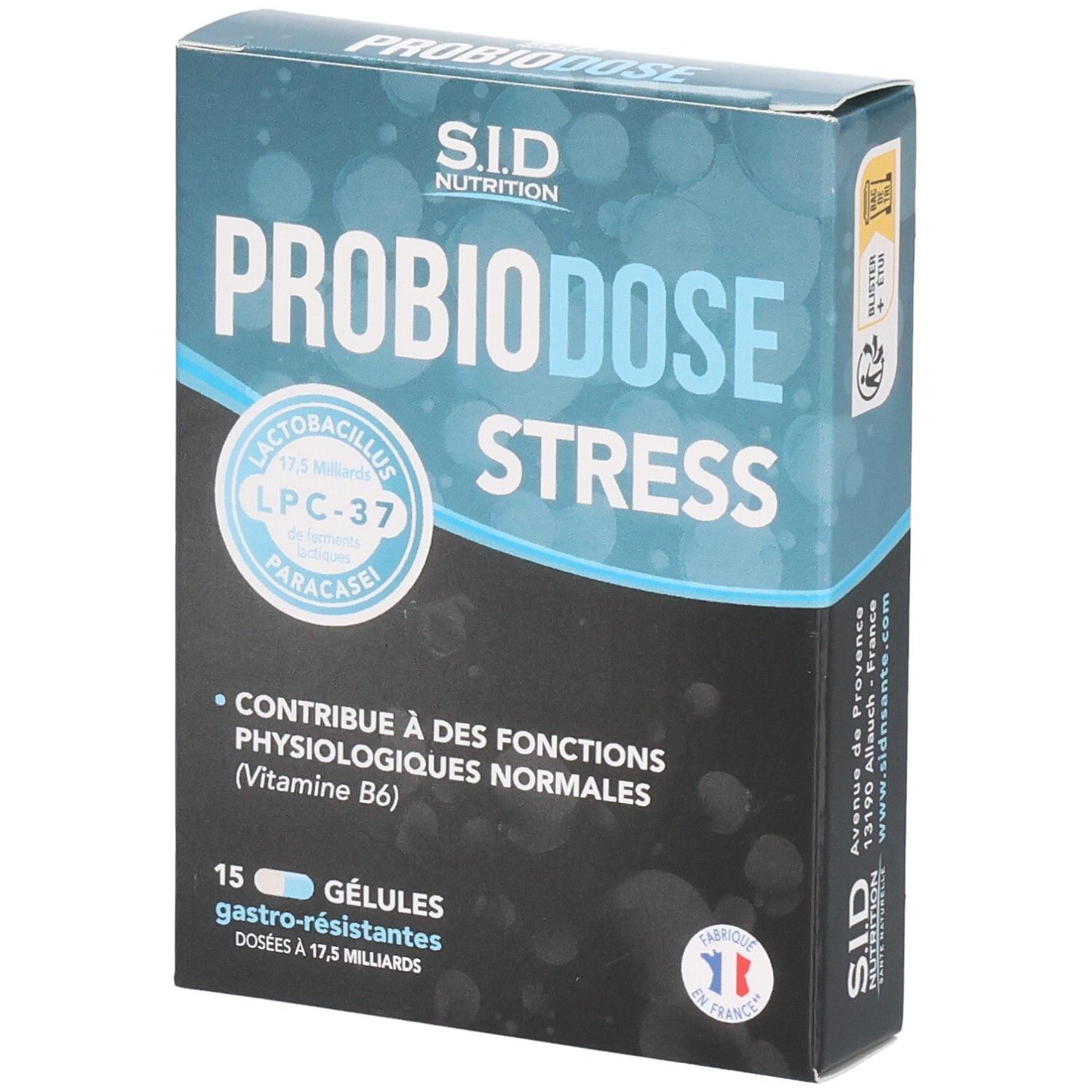 Schachtel mit SID Nutrition PROBIODOSE STRESS. Enthält 15 Kapseln. Blaue und weiße Farbgebung. Französische Flagge.