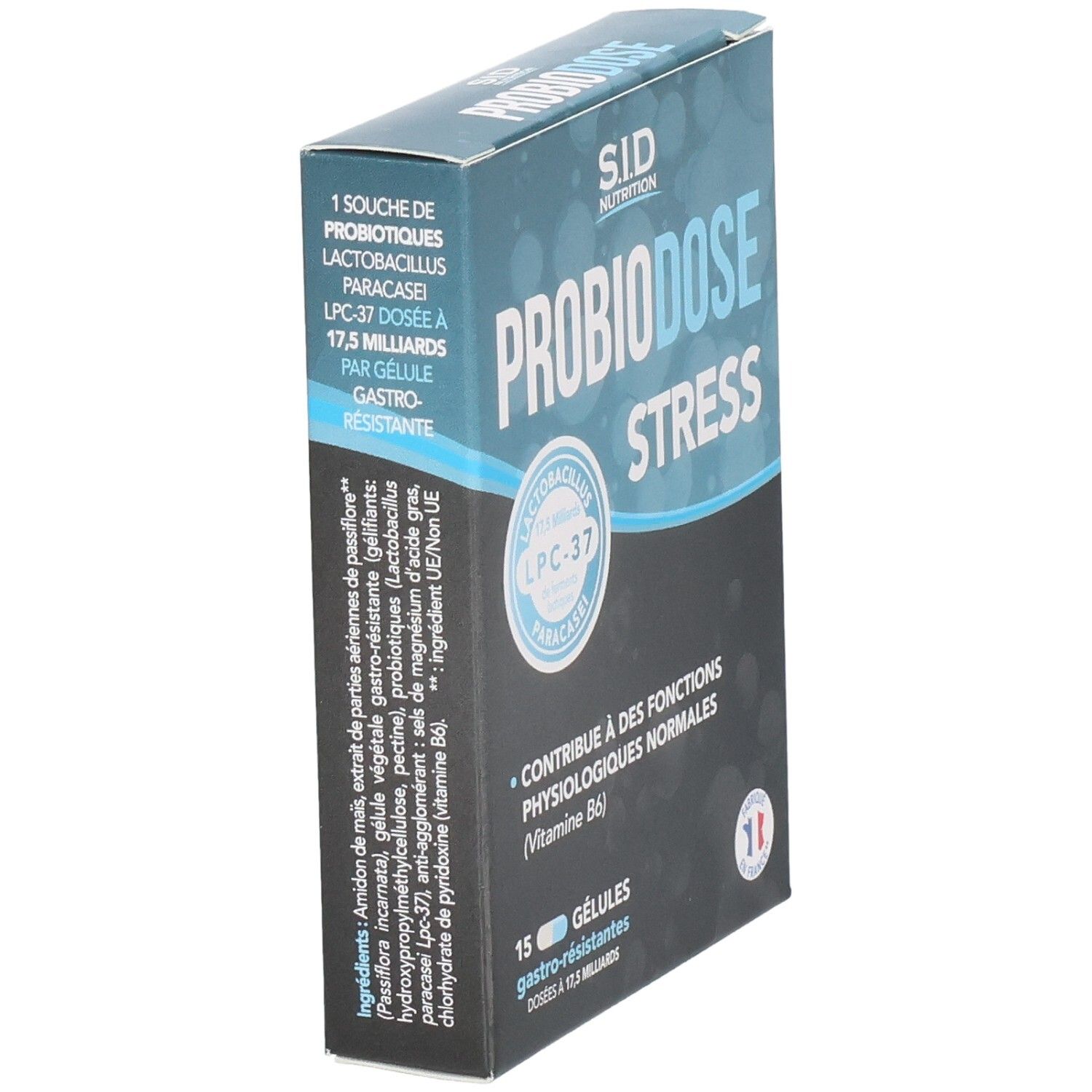 Schachtel mit PROBIODOSE STRESS. Enthält 15 Kapseln. Blaue und weiße Farbgebung. Text mit Inhaltsstoffen.