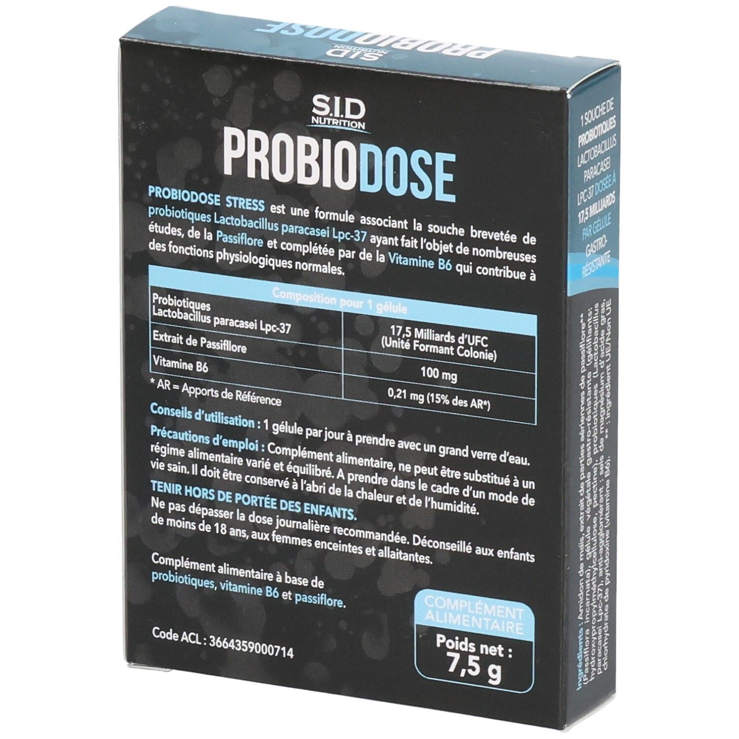 PROBIODOSE STRESS-Schachtel mit Inhaltsangaben. Enthält 15 Kapseln. Text mit Dosierung und Warnhinweisen.