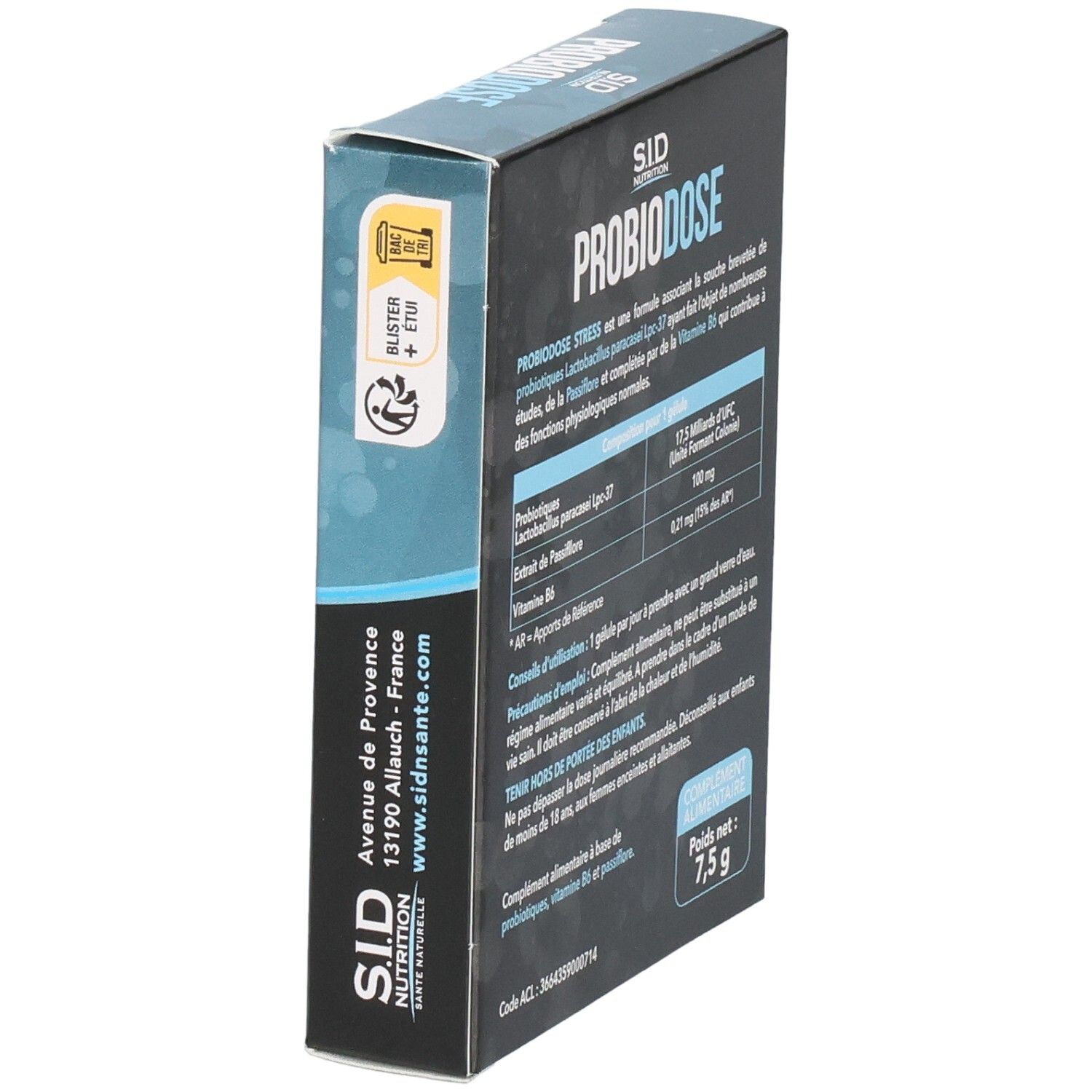 PROBIODOSE STRESS-Schachtel mit Inhaltsangaben. Enthält 15 Kapseln. Text mit Dosierung und Warnhinweisen.