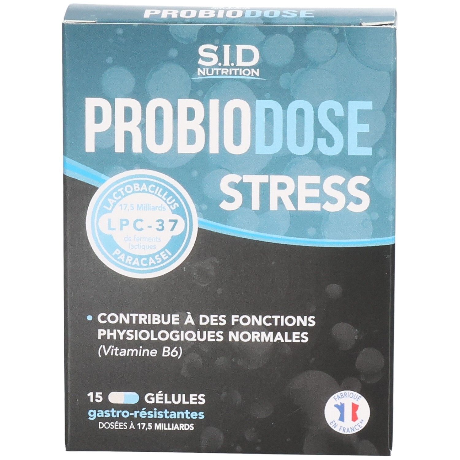 Schachtel mit SID Nutrition PROBIODOSE STRESS. Enthält 15 Kapseln. Blaue und weiße Farbgebung. Französische Flagge.