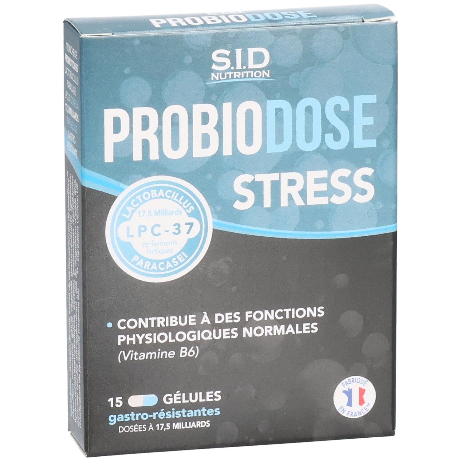 Schachtel mit SID Nutrition PROBIODOSE STRESS. Enthält 15 Kapseln. Blaue und weiße Farbgebung. Französische Flagge.