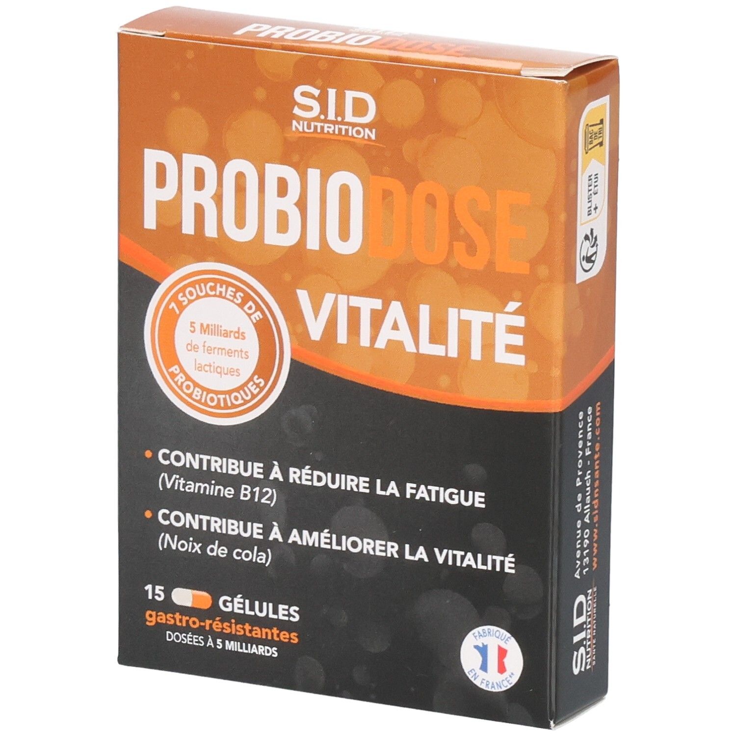 Schachtel mit PROBIODOSE VITALITE. Enthält 15 Kapseln. Orangefarbenes und braunes Design. Text: 7 Stämme probiotischer Bakterien.
