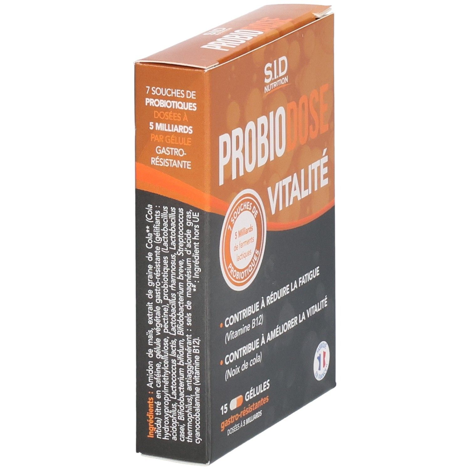 PROBIODOSE VITALITE-Schachtel, schräg. Enthält 15 Kapseln. Orangefarbenes und braunes Design. Text: 7 Stämme probiotischer Bakterien.