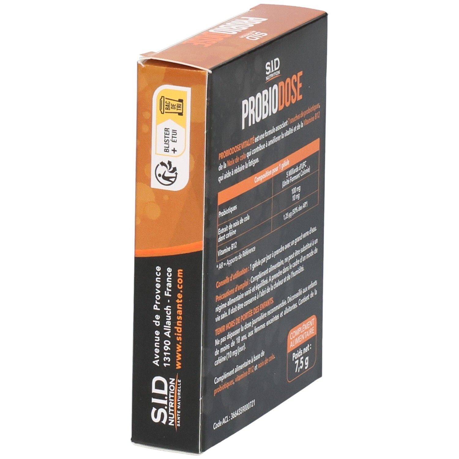 PROBIODOSE VITALITE-Schachtel, schräg. Rückseite sichtbar. Text: 7,5 g. Adresse des Herstellers.