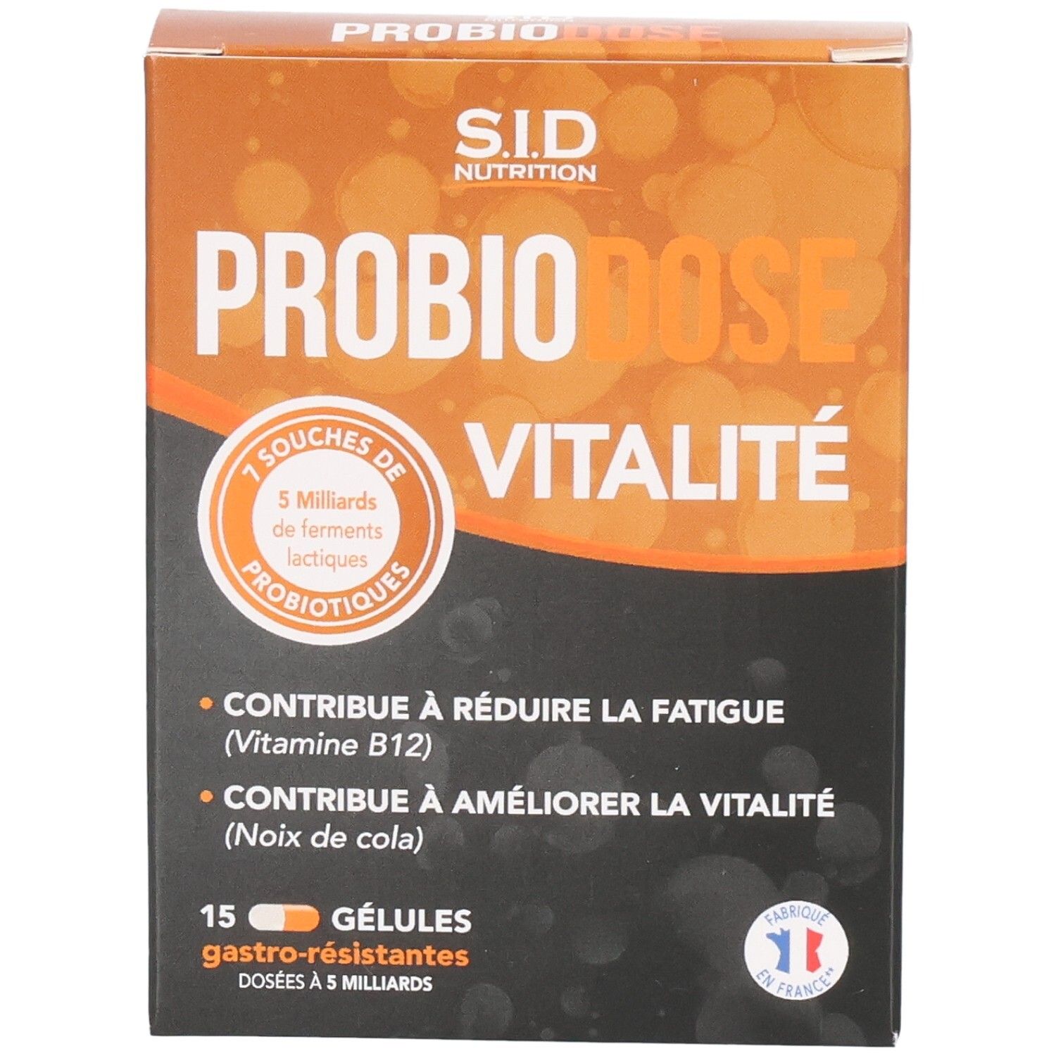 PROBIODOSE VITALITE-Schachtel. Enthält 15 Kapseln. Orangefarbenes und braunes Design. Text: 7 Stämme probiotischer Bakterien.