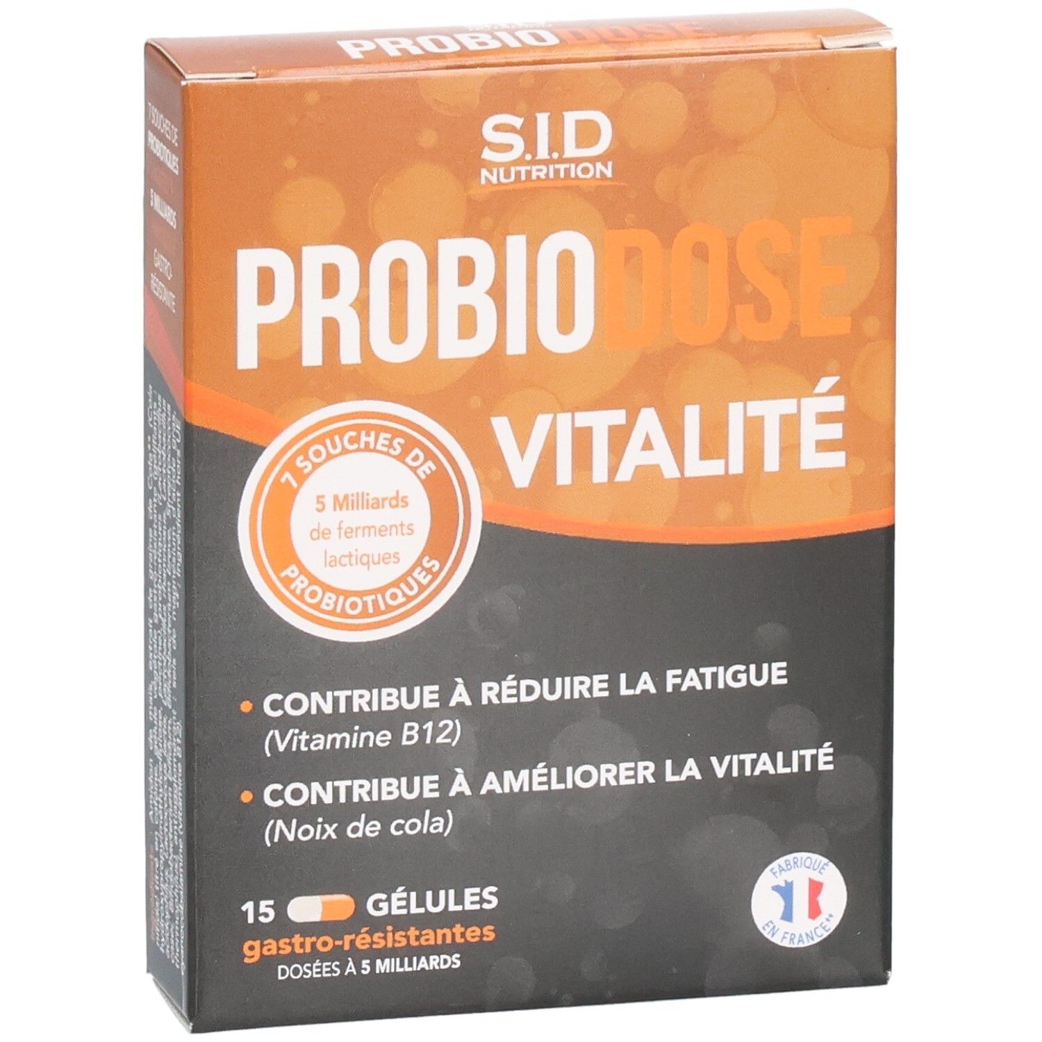 PROBIODOSE VITALITE-Schachtel. Enthält 15 Kapseln. Orangefarbenes und braunes Design. Text: 7 Stämme probiotischer Bakterien.