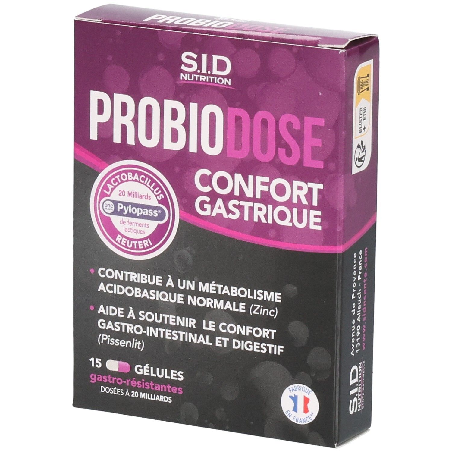 Verpackung von SID Nutrition PROBIODOSE CONFORT GASTRIQUE. Enthält 15 Kapseln. Lila und weiße Farbgebung mit Produktinformationen.