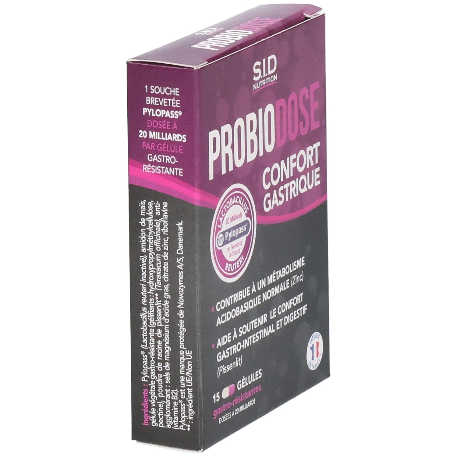 Schrägansicht der Verpackung von SID Nutrition PROBIODOSE CONFORT GASTRIQUE. Enthält 15 Kapseln. Produktinformationen und Inhaltsstoffe.