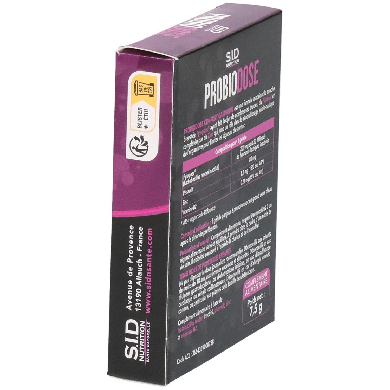 Schrägansicht der Verpackung von SID Nutrition PROBIODOSE CONFORT GASTRIQUE. Enthält 15 Kapseln. Produktinformationen und Adresse.