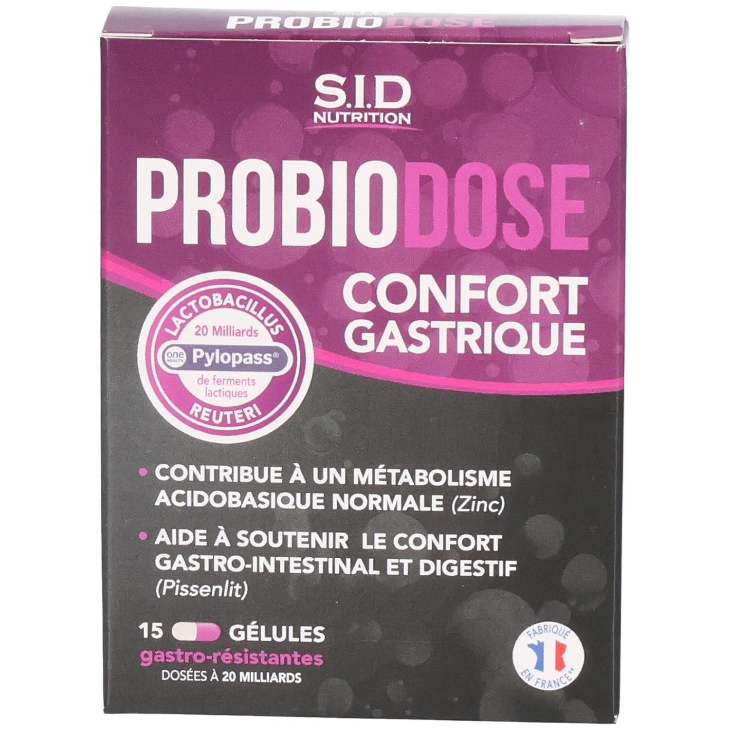 Vorderansicht der Verpackung von SID Nutrition PROBIODOSE CONFORT GASTRIQUE. Enthält 15 Kapseln. Produktname und Logo.