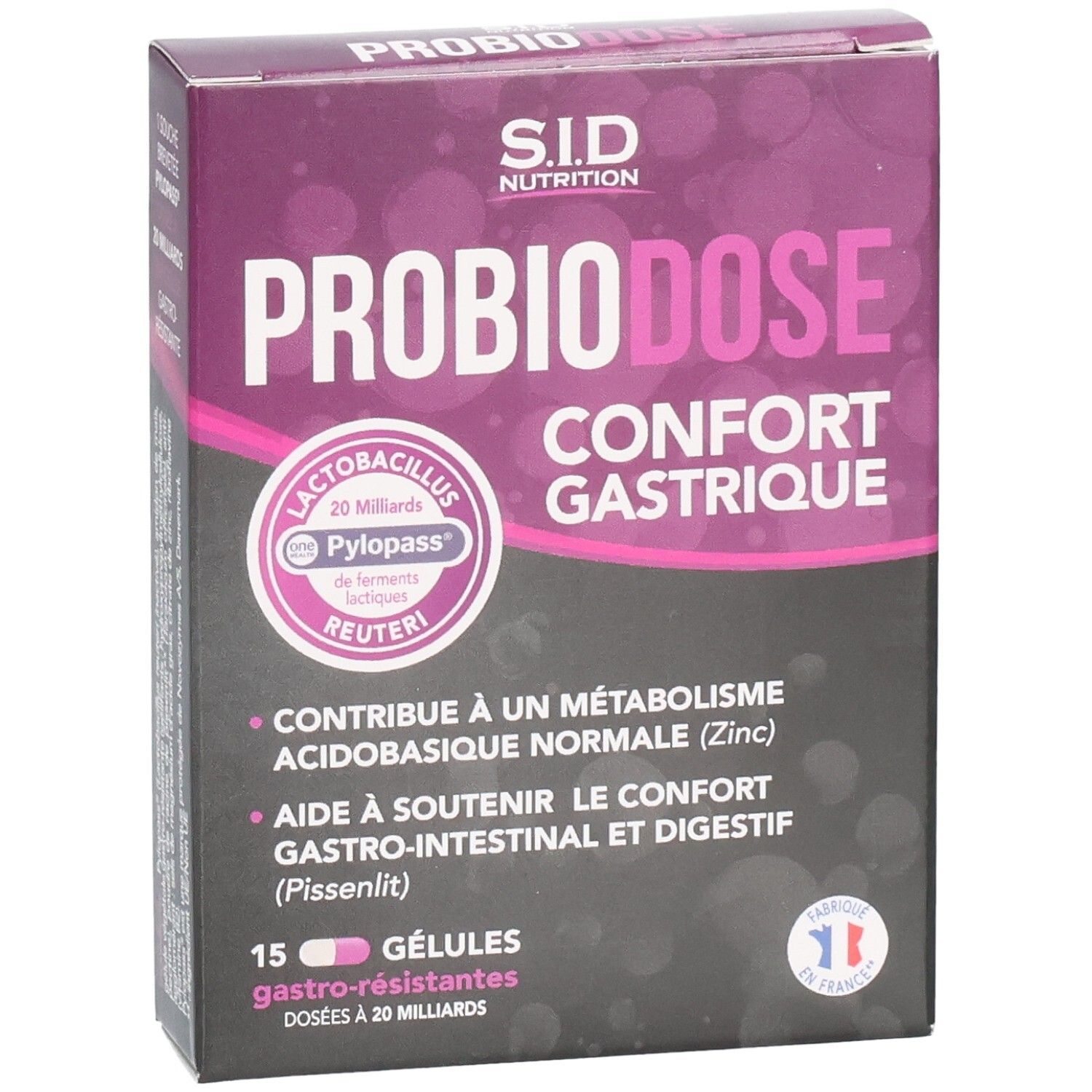 Vorderansicht der Verpackung von SID Nutrition PROBIODOSE CONFORT GASTRIQUE. Enthält 15 Kapseln. Produktname und Logo.