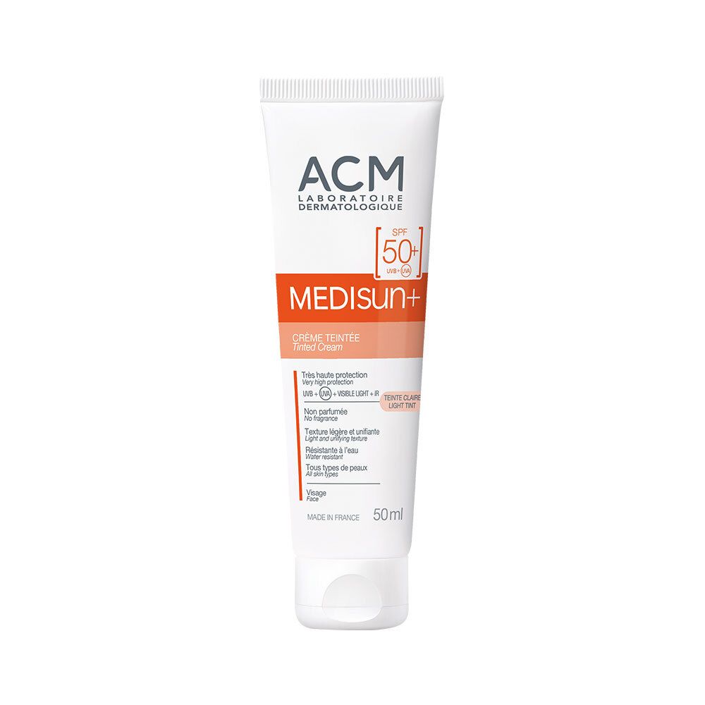 Weiße Tube mit orangefarbener Beschriftung. Enthält ACM Medisun+ Sonnencreme SPF 50+. Text in Französisch. 50ml.