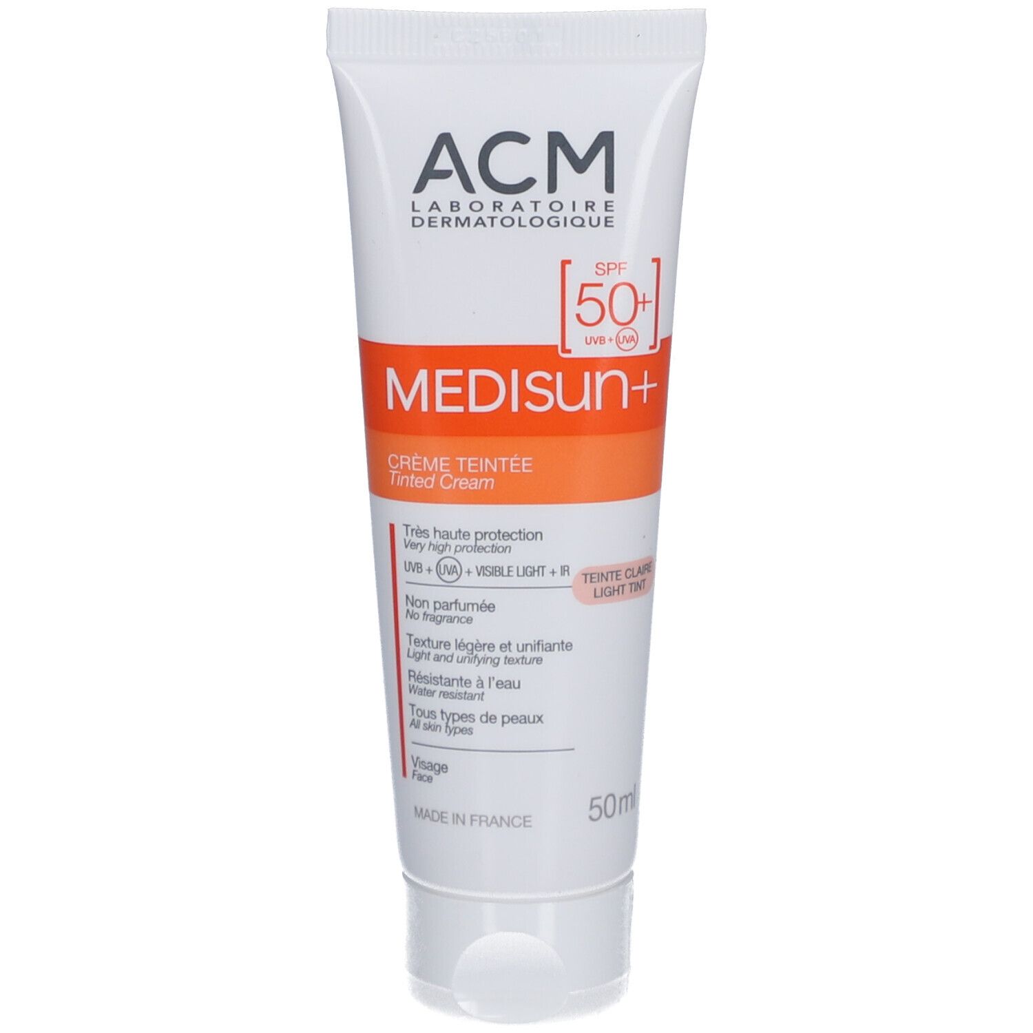 Creme-Tube mit Produktinformationen. Marke ACM, Produktname Medisun+ SPF 50+. Text: Creme Teintee, Lichtschutzfaktor 50+.