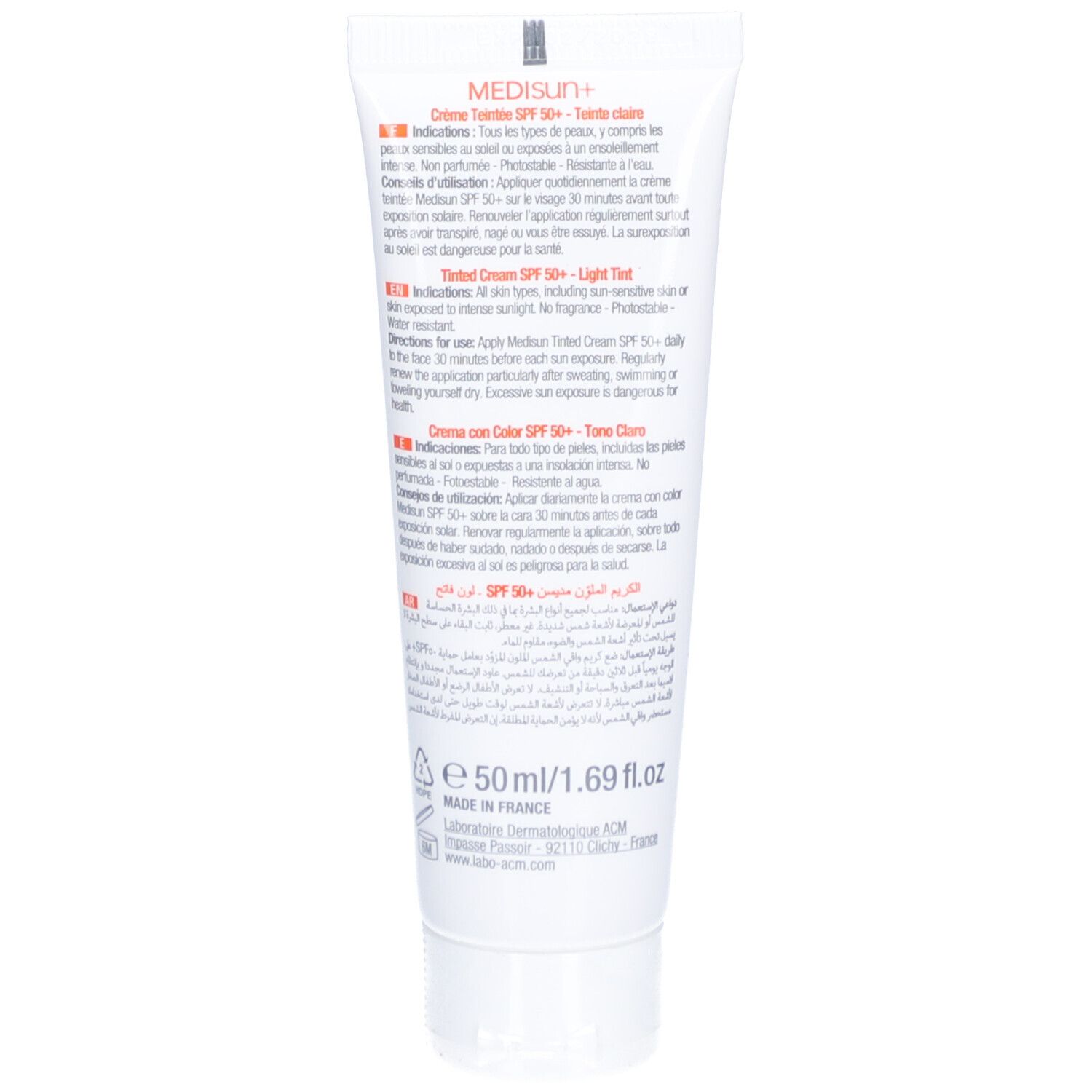 Rückseite der Creme-Tube. Produktinformationen in mehreren Sprachen. Marke ACM, Produktname Medisun+ SPF 50+. Inhalt 50ml.