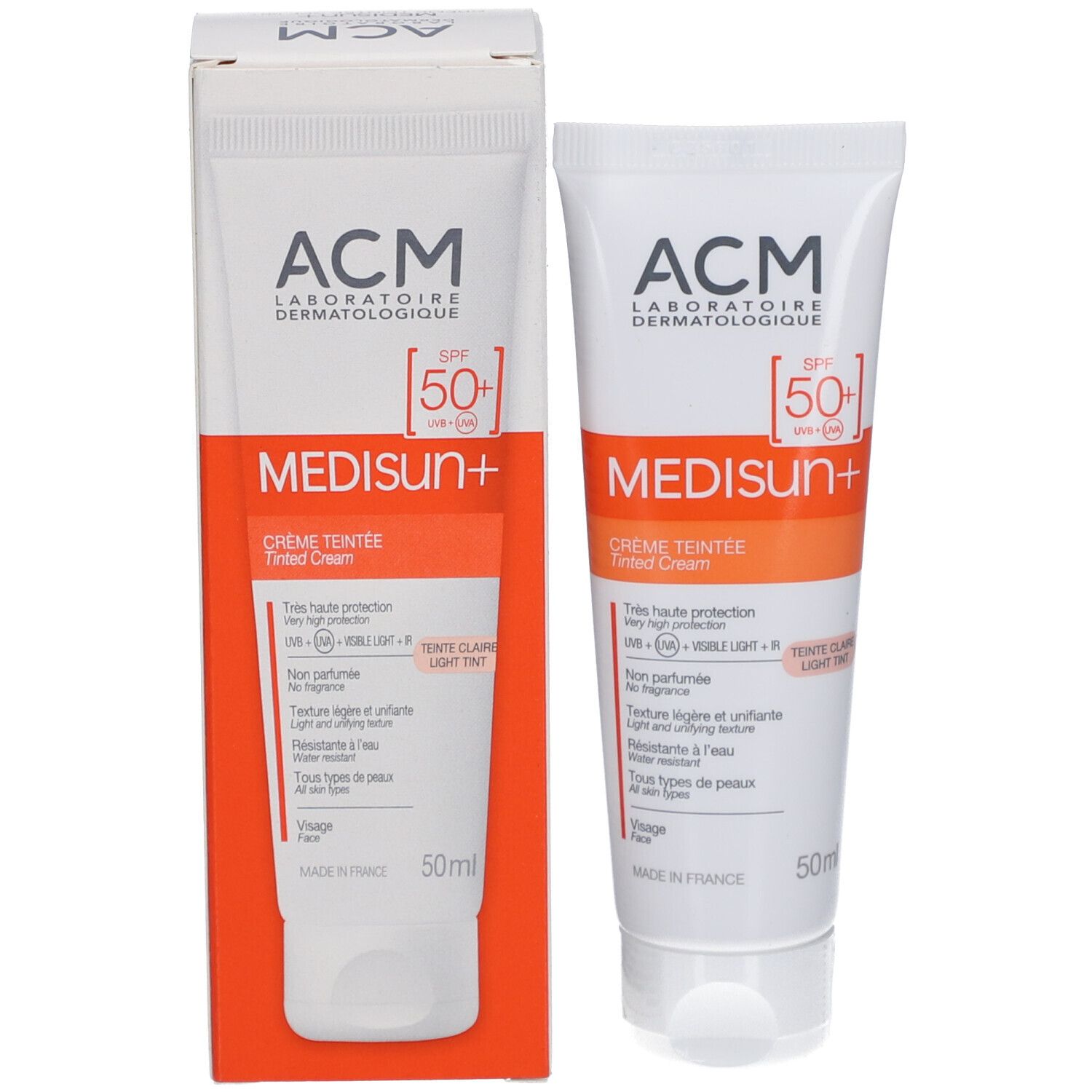 Produktverpackung: Tube und Karton. Marke ACM, Produktname Medisun+ SPF 50+. Creme Teintee. Inhalt 50ml.