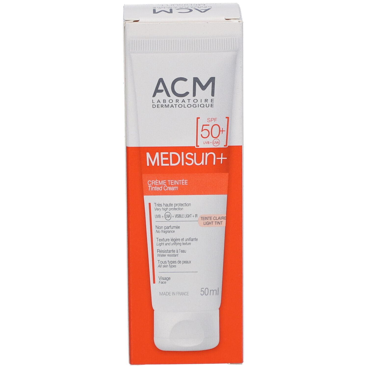 Produktverpackung: Tube und Karton. Marke ACM, Produktname Medisun+ SPF 50+. Creme Teintee. Inhalt 50ml.