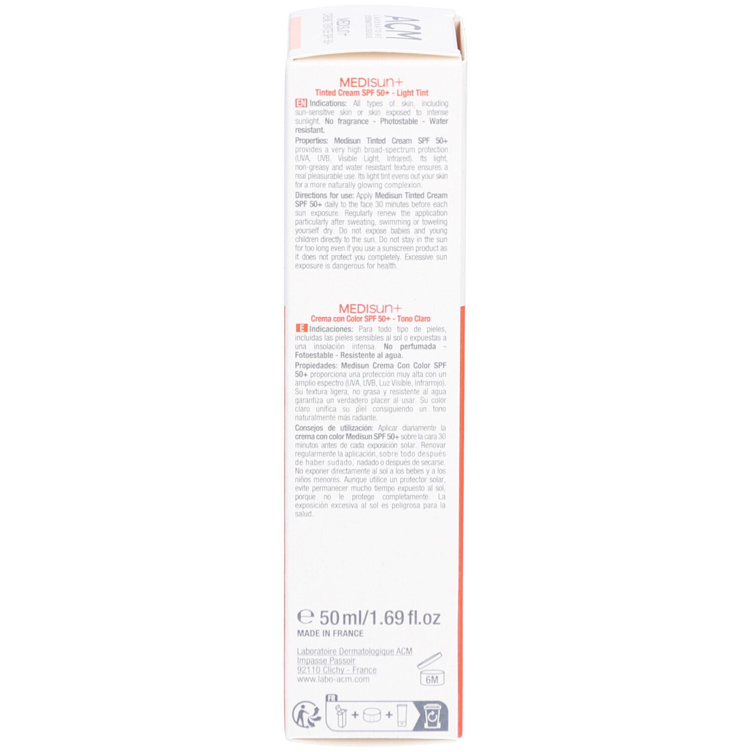 Kartonverpackung. Marke ACM, Produktname Medisun+ SPF 50+. Creme Teintee. Produktinformationen in mehreren Sprachen.