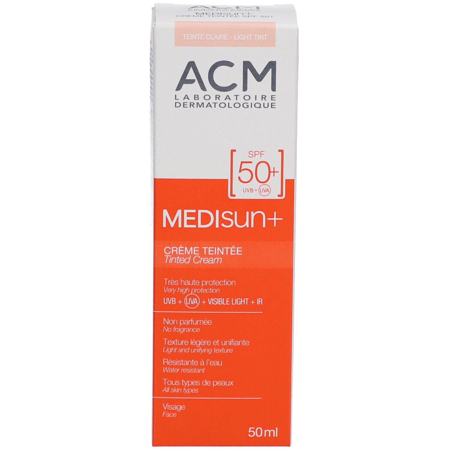 Kartonverpackung. Marke ACM, Produktname Medisun+ SPF 50+. Creme Teintee. Inhalt 50ml.