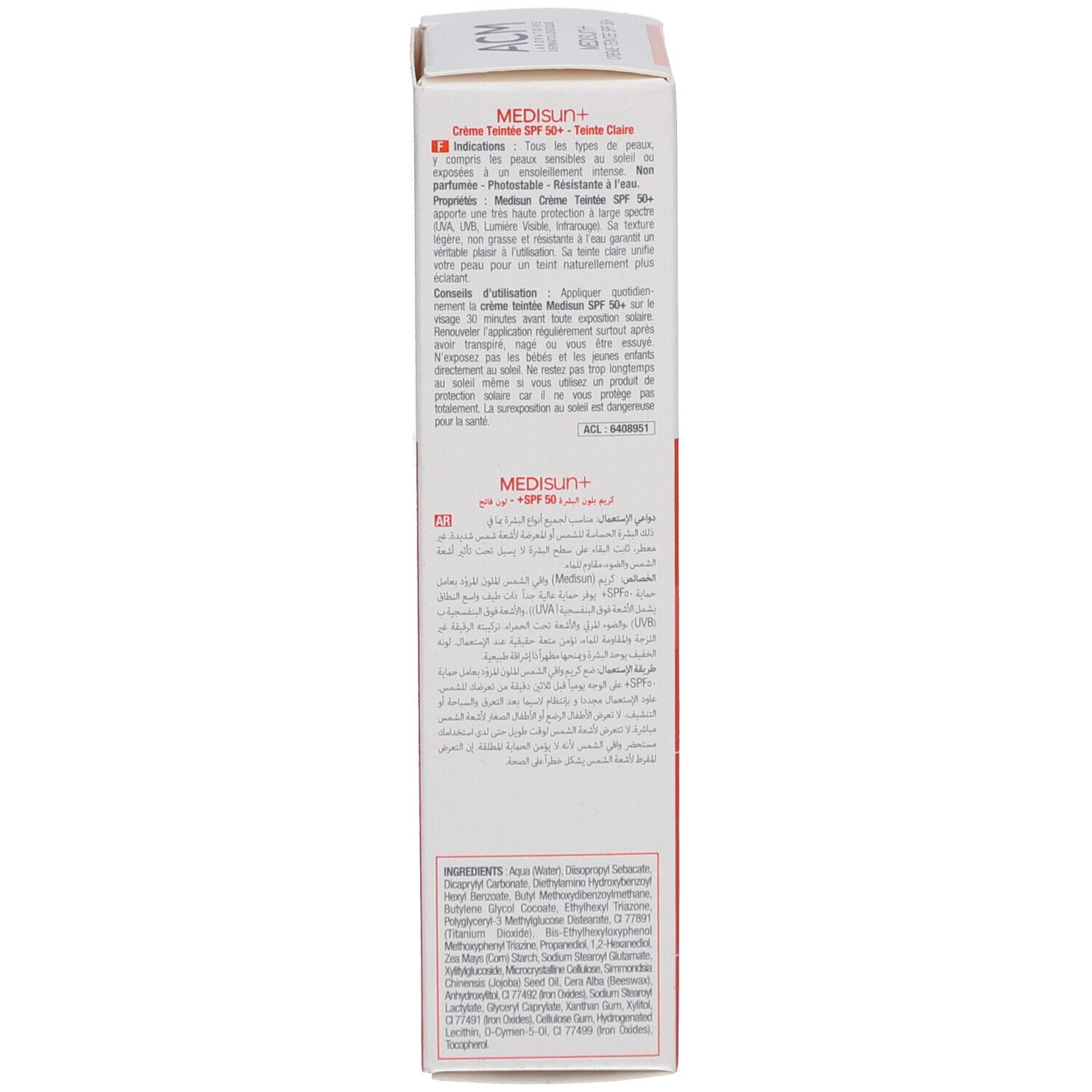 Rückseite der Kartonverpackung. Produktinformationen in mehreren Sprachen. Marke ACM, Produktname Medisun+ SPF 50+.