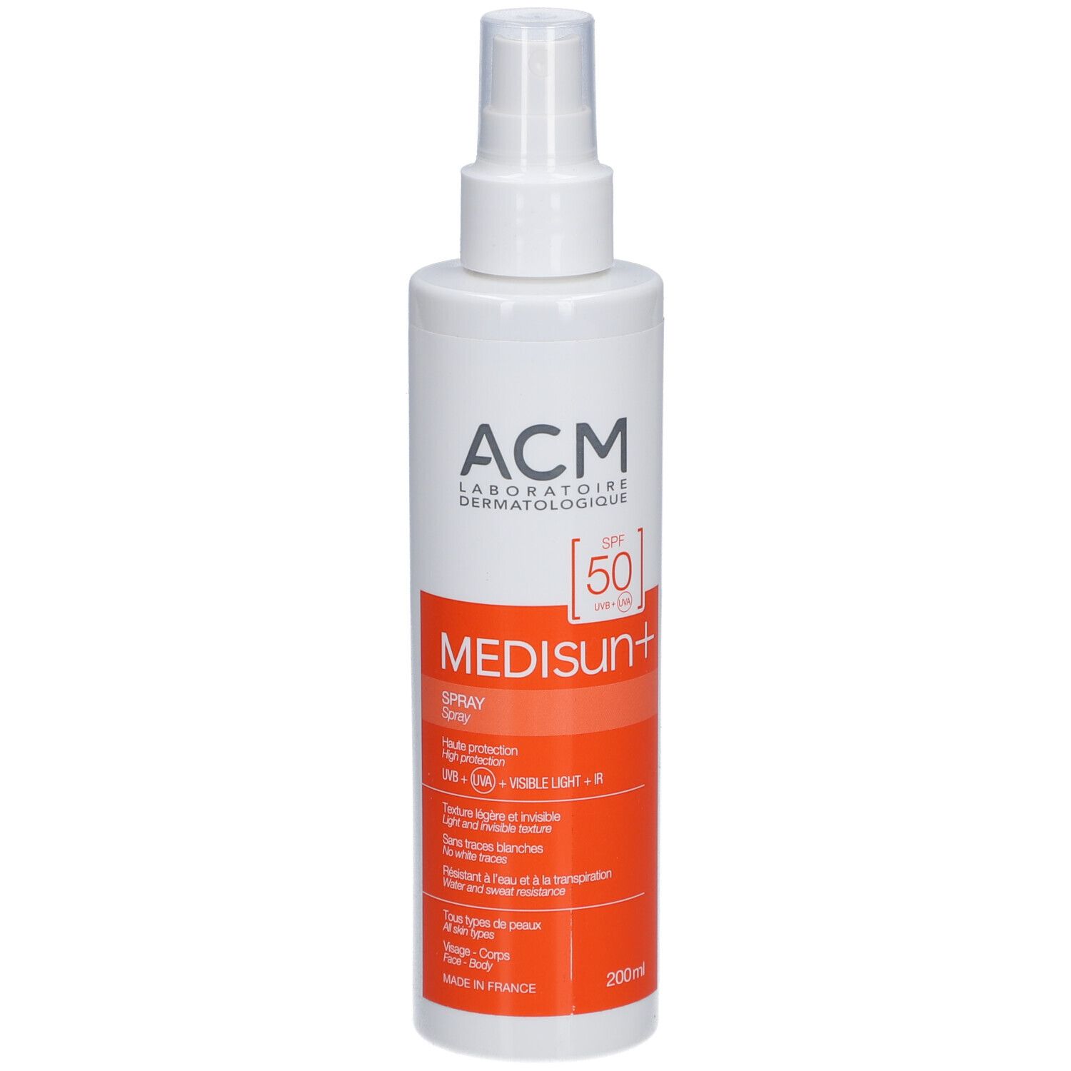 Spray solaire blanc avec tête de pulvérisation. Bande orange avec texte. Marque : ACM Medisun+ SPF 50.