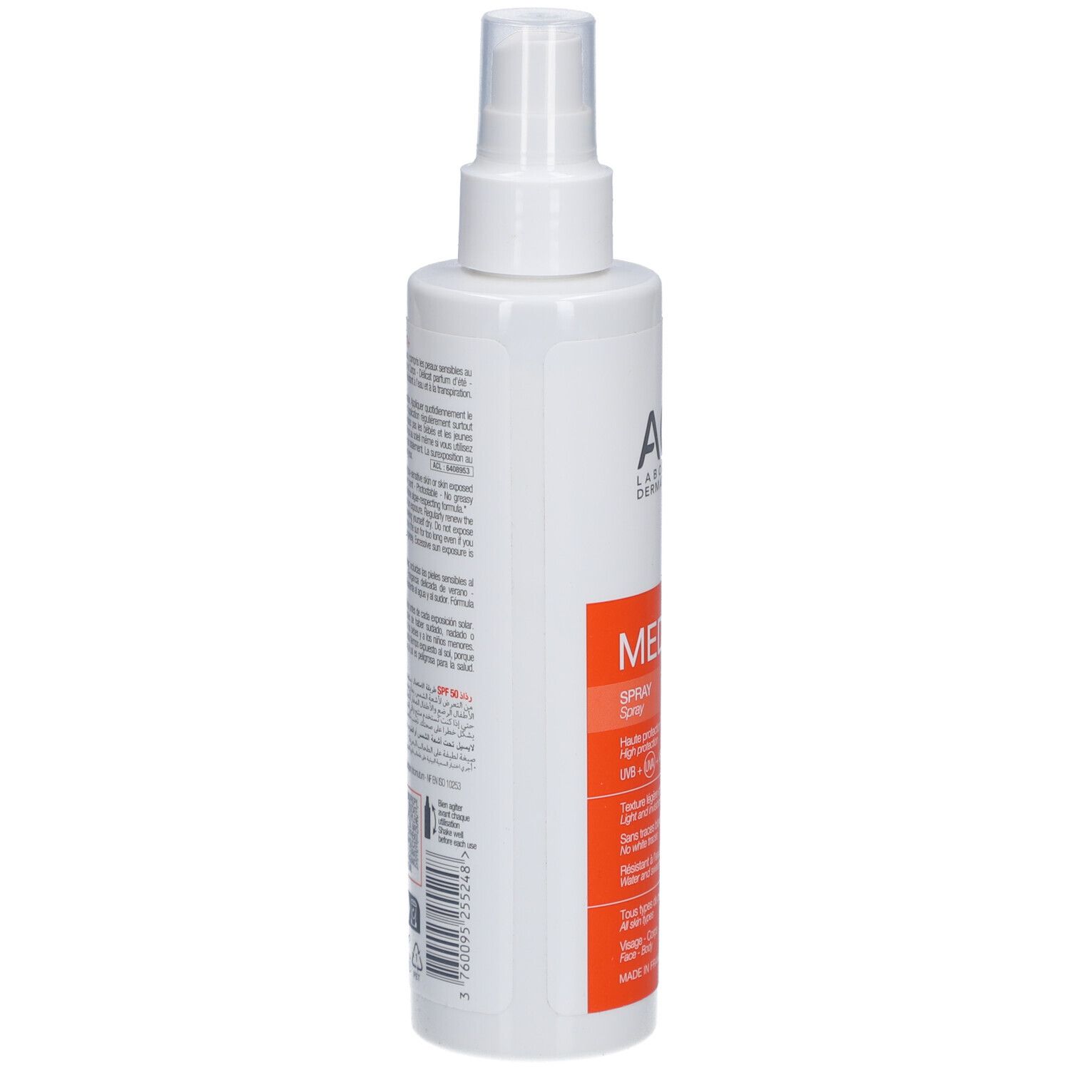 Spray solaire blanc avec texte au dos. Marque : ACM. Avec tête de pulvérisation.
