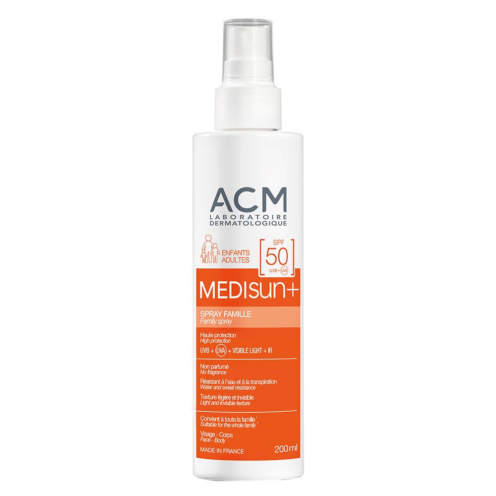 Flacon de spray solaire avec tête de pulvérisation. Inscription: ACM Laboratoire Dermatologique, Medisun+ Spray Famille, SPF 50. Zone orange avec texte.