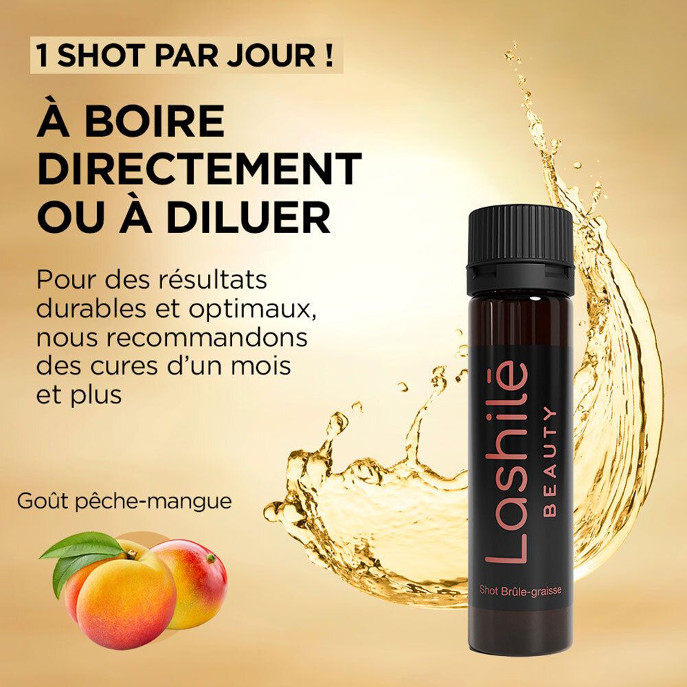 Flacon brun avec bouchon noir. Inscription Lashilé Beauty. Goût pêche-mangue.