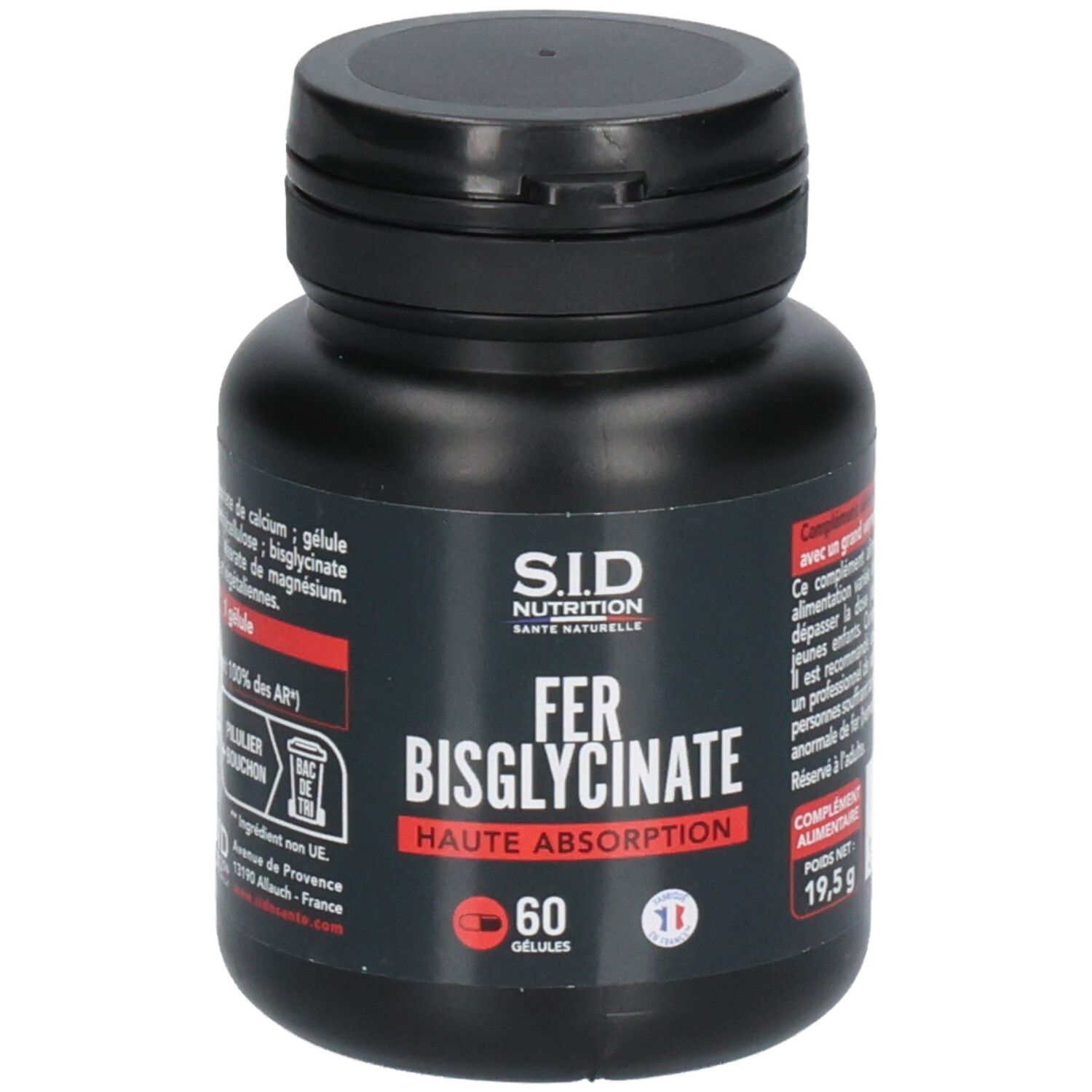 Schwarze Flasche mit roter und weißer Beschriftung. Enthält 60 Kapseln. Aufschrift: FER BISGLYCINATE, Haute Absorption.