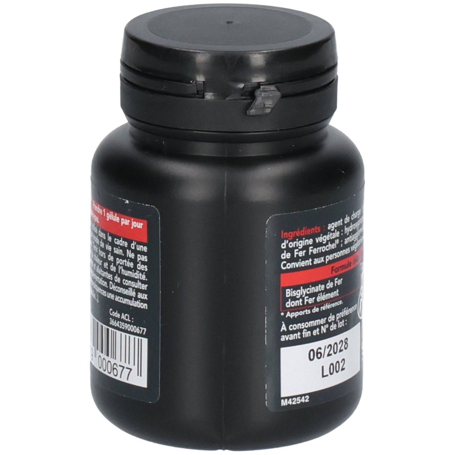 Schwarze Flasche mit Informationen auf der Rückseite. Enthält Informationen zu Inhaltsstoffen und Verfallsdatum. Aufschrift: 06/2028, L002.