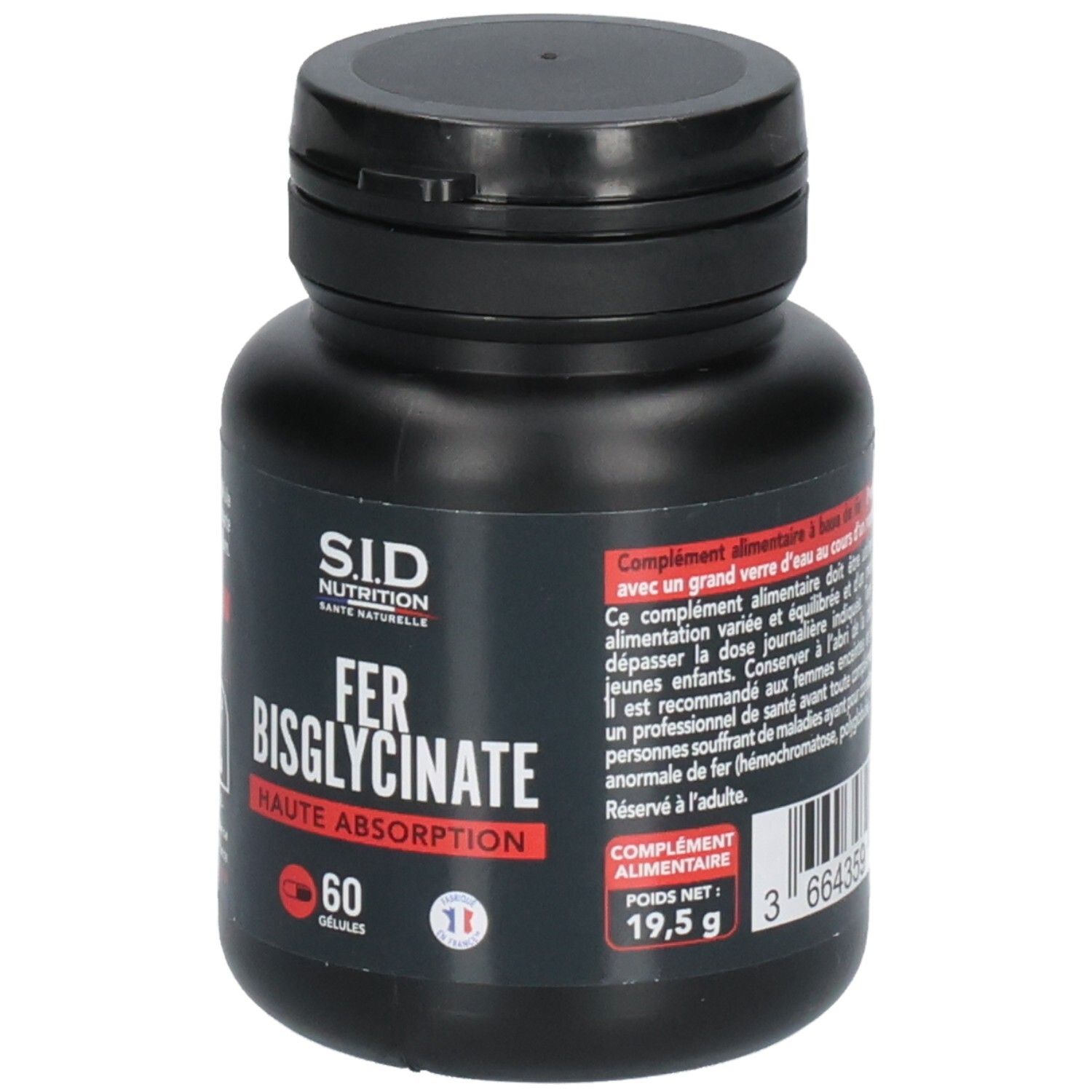 Schwarze Flasche mit roter und weißer Beschriftung. Enthält 60 Kapseln. Aufschrift: FER BISGLYCINATE, Haute Absorption.