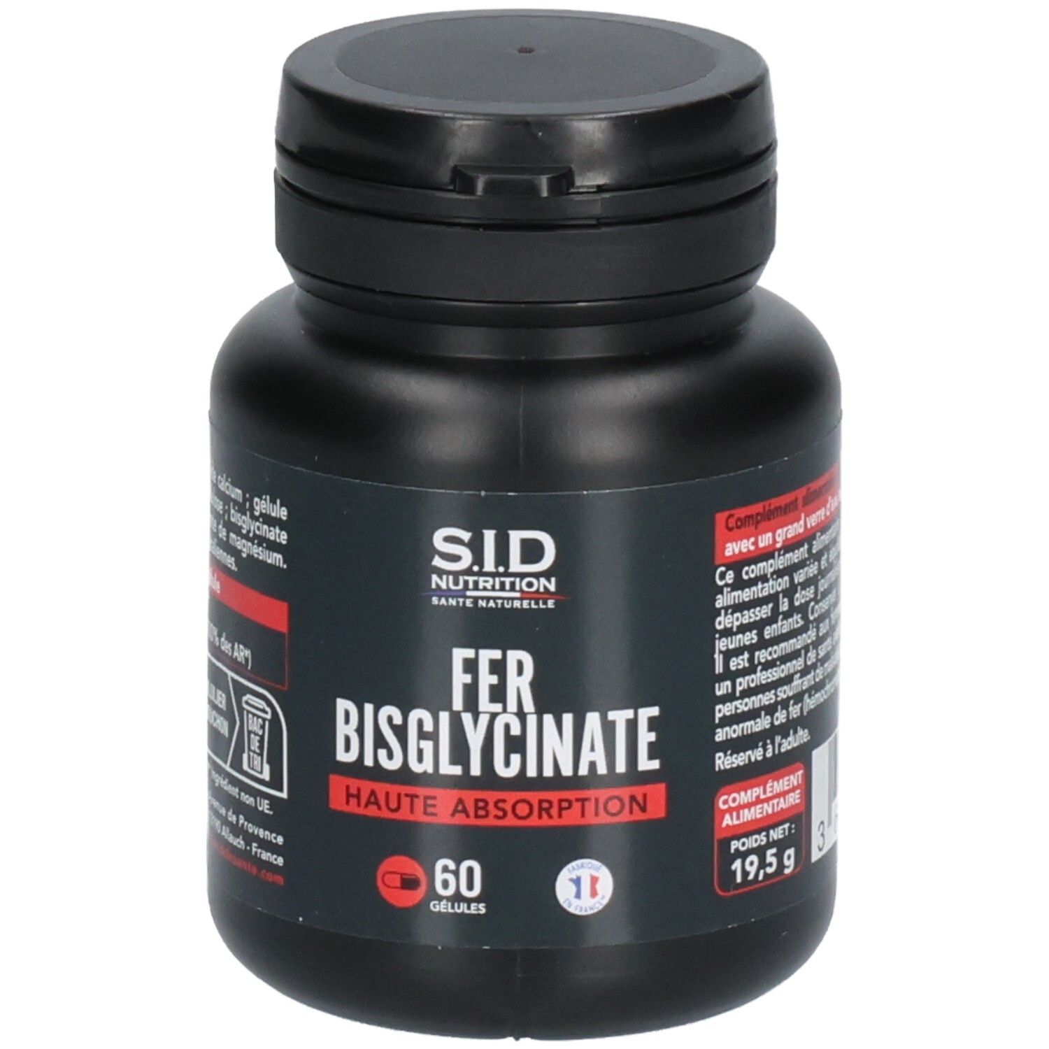 Schwarze Flasche mit roter und weißer Beschriftung. Enthält 60 Kapseln. Aufschrift: FER BISGLYCINATE, Haute Absorption.