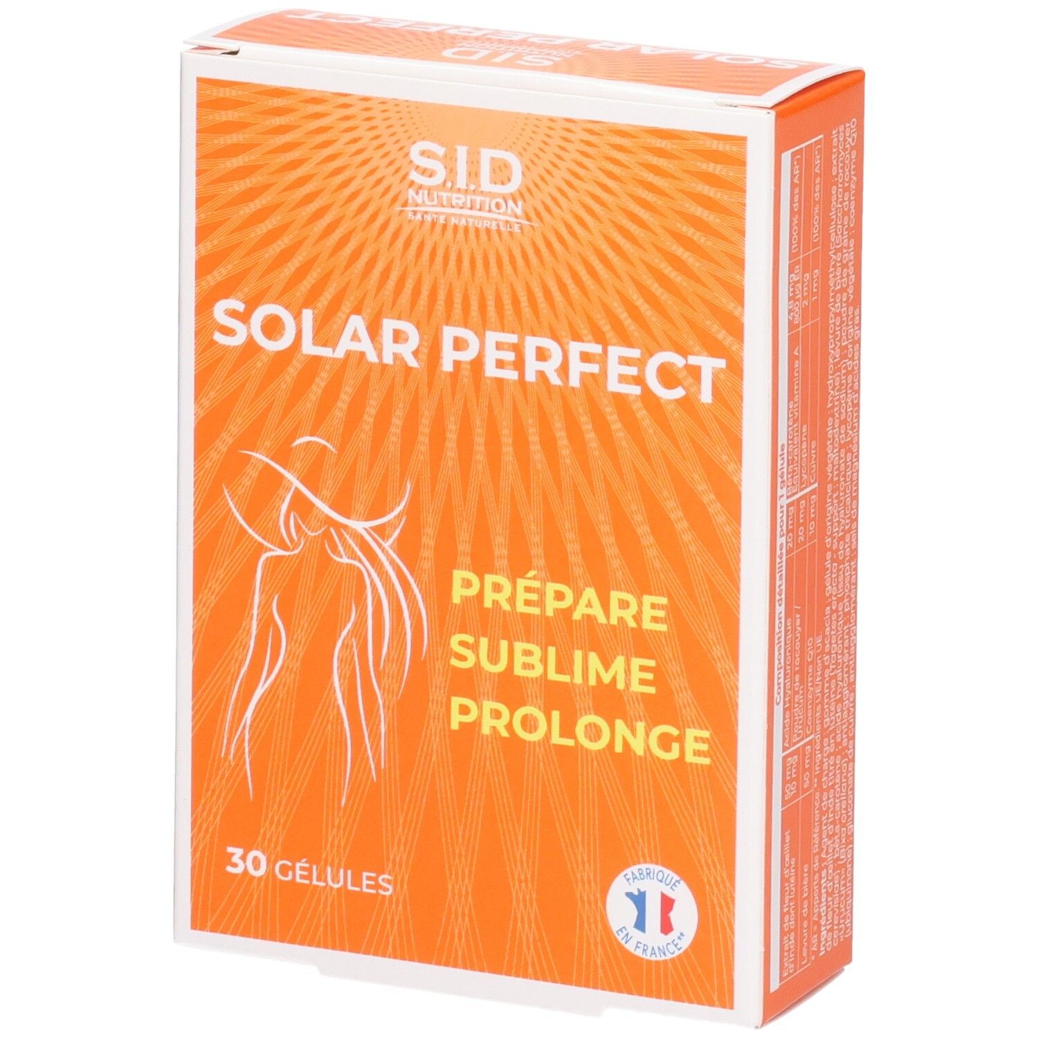 Orangefarbene Schachtel mit "SID Nutrition SOLAR PERFECT". Enthält 30 Kapseln. Französisches Qualitätssiegel.