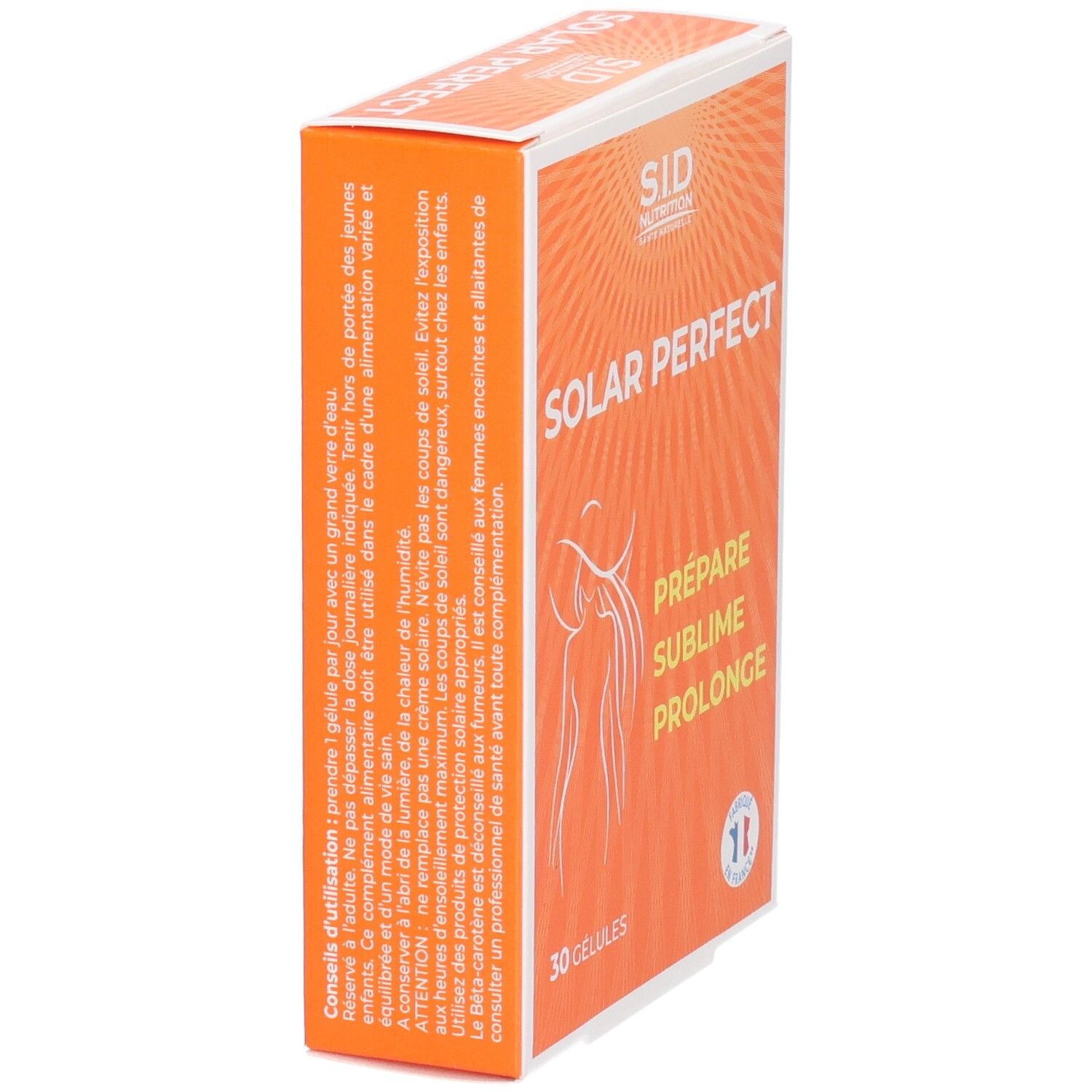 Orangefarbene Schachtel "SID Nutrition SOLAR PERFECT". Text und Logo. Enthält 30 Kapseln. Französisches Qualitätssiegel.