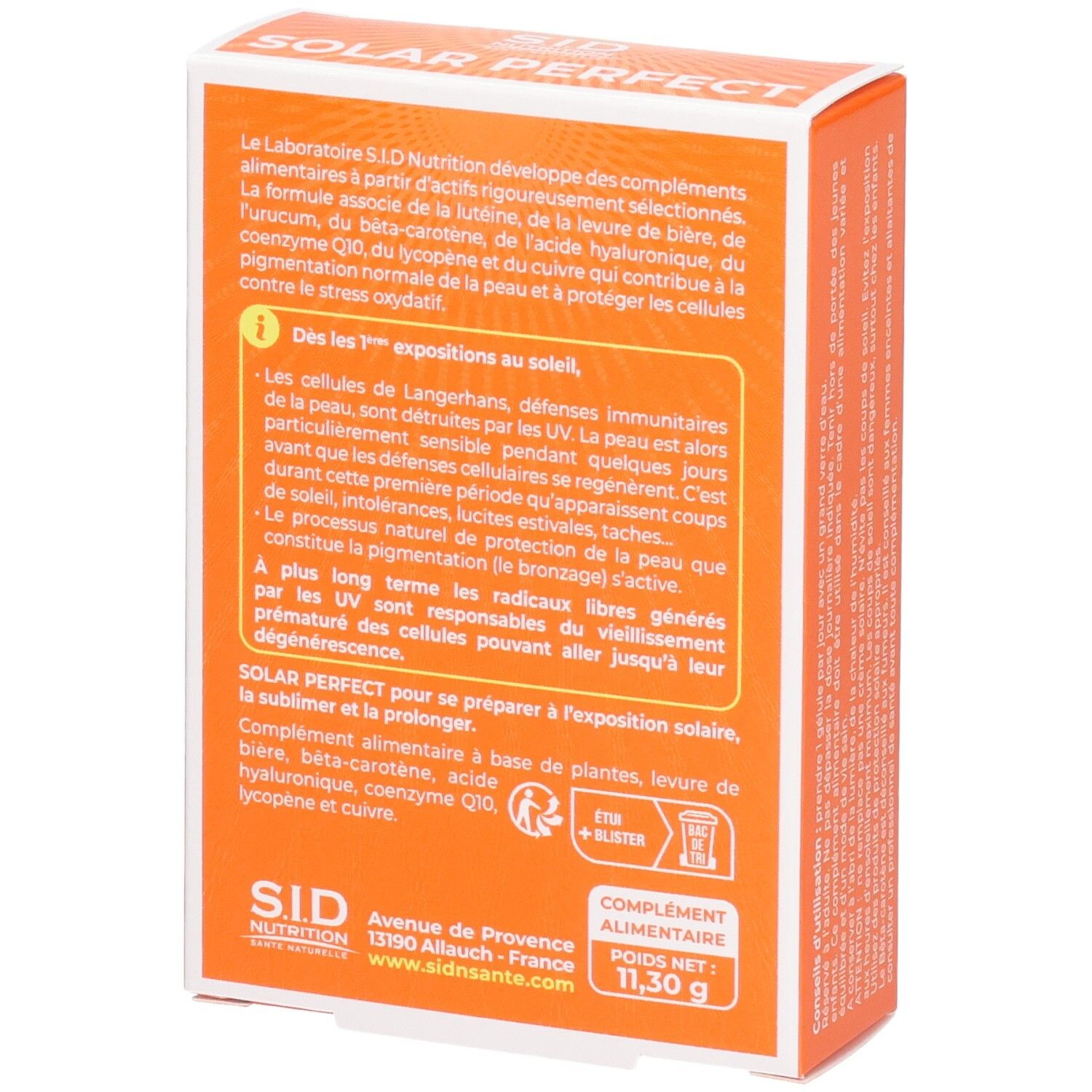 Rückseite der orangefarbenen Schachtel "SOLAR PERFECT". Textinformationen und Inhaltsstoffe. Nettogewicht: 11,30 g.