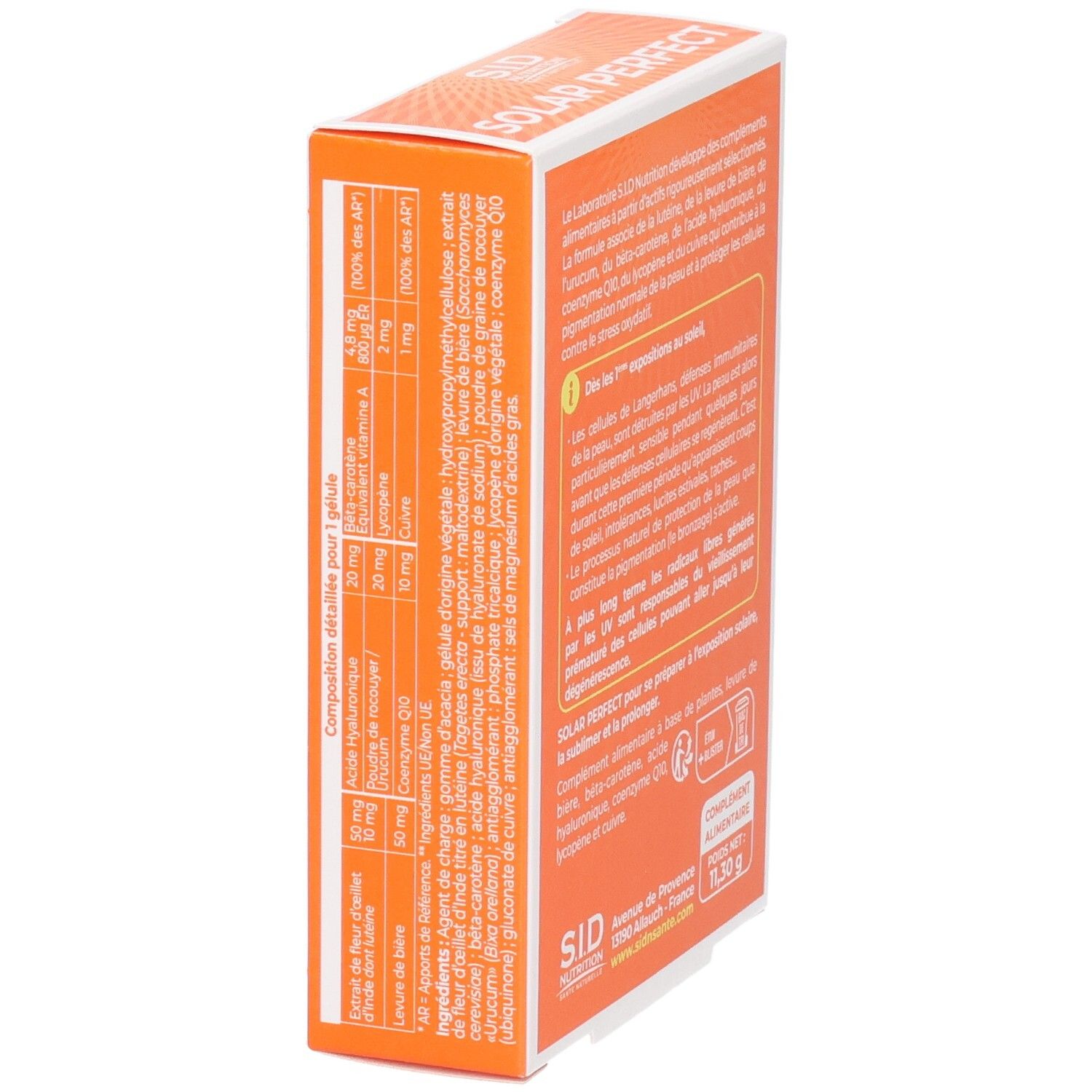 Detailansicht der orangefarbenen Schachtel "SOLAR PERFECT". Inhaltsstoffe und Nährwertangaben.