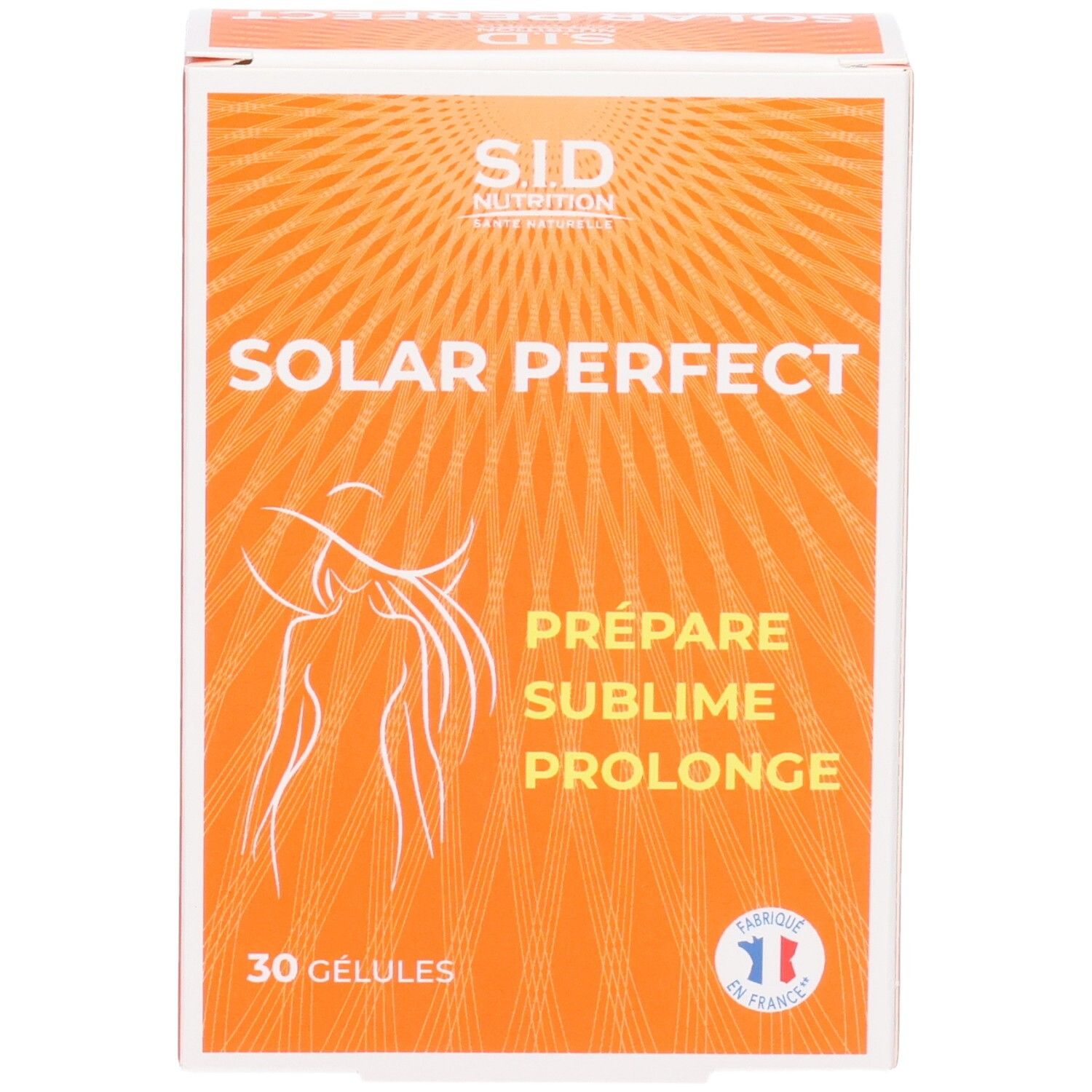 Orangefarbene Schachtel "SID Nutrition SOLAR PERFECT". Enthält 30 Kapseln. Französisches Qualitätssiegel.