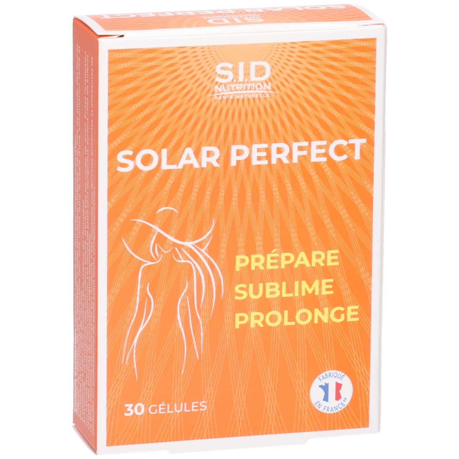 Orangefarbene Schachtel "SID Nutrition SOLAR PERFECT". Enthält 30 Kapseln. Französisches Qualitätssiegel.