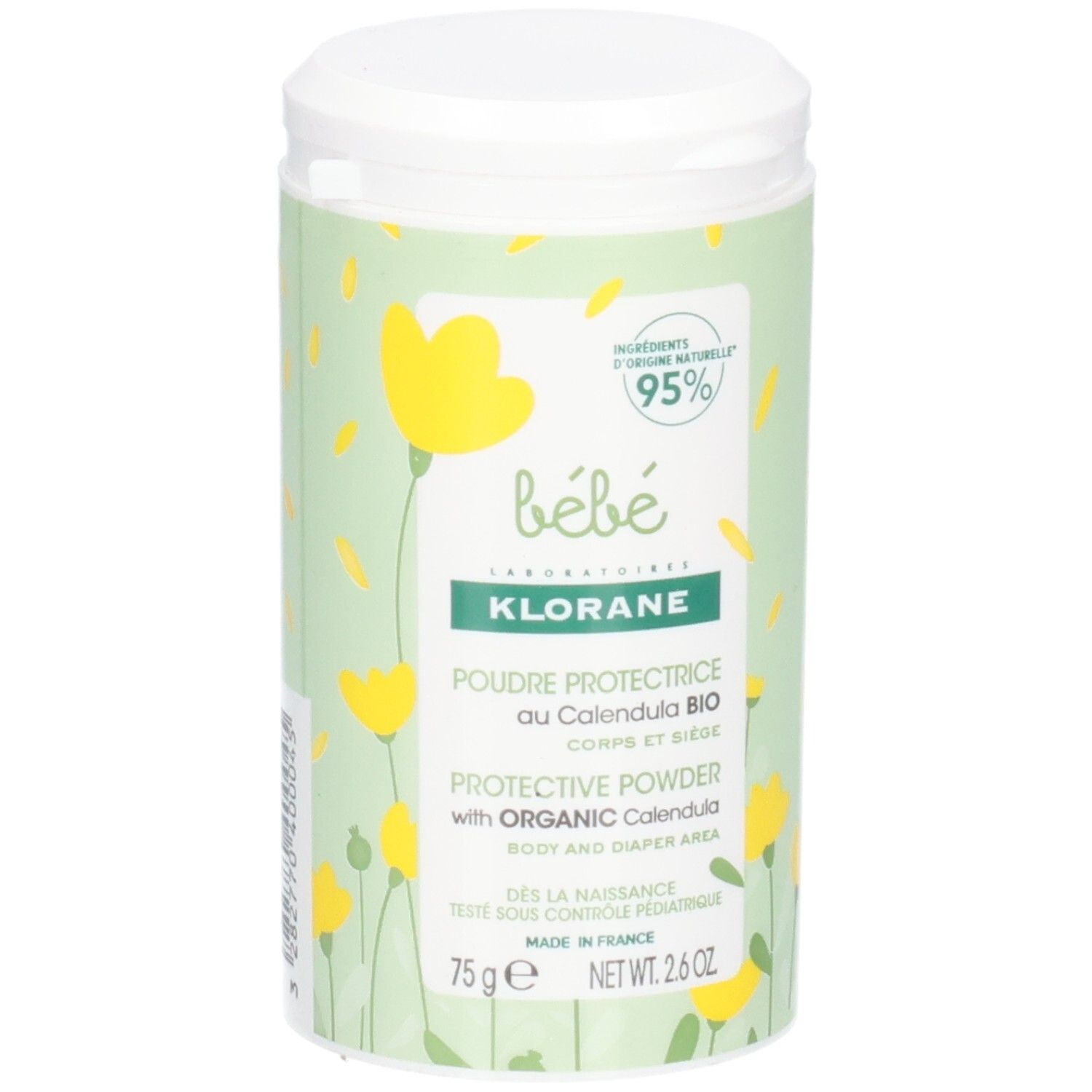 Zylindrische Dose mit weißem Deckel. Aufschrift: Klorane Bébé, Poudre Protectrice au Calendula Bio. 75g, 2.6 OZ. Grün mit gelben Blumen.