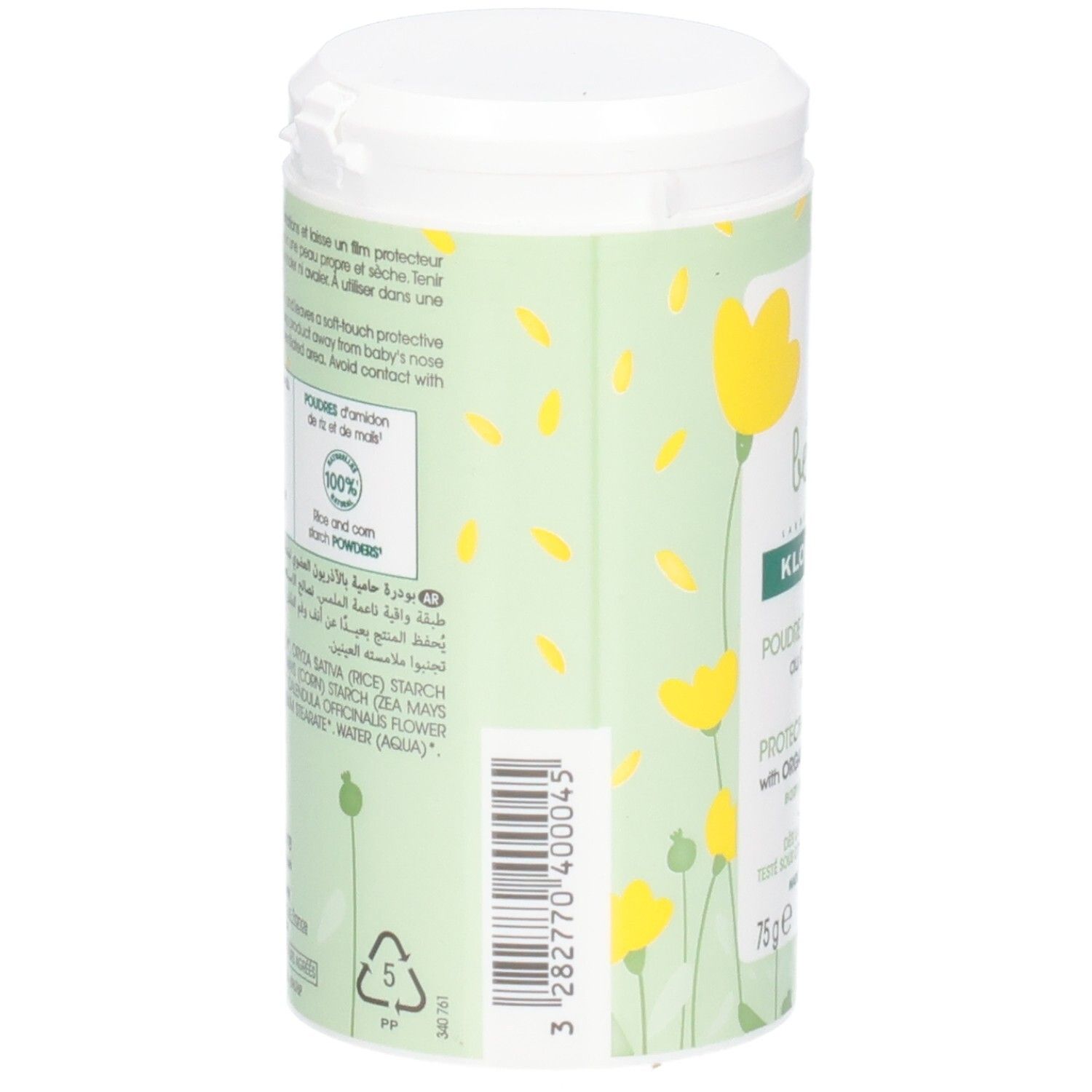 Grüne Dose mit weißem Deckel. Aufschrift und Barcode. Rückseite mit Text und gelben Blumen. Enthält 75g.