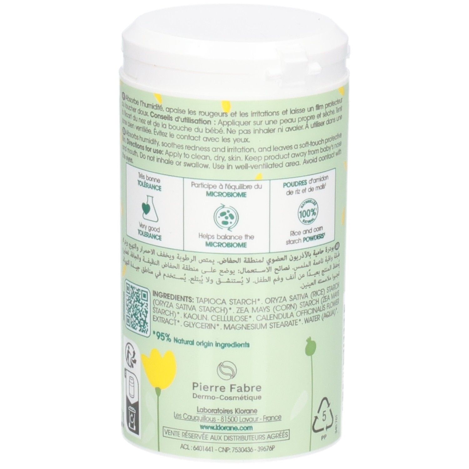 Grüne Dose mit weißem Deckel. Text und Logos auf der Rückseite. Enthält 75g. 95% natürliche Inhaltsstoffe.